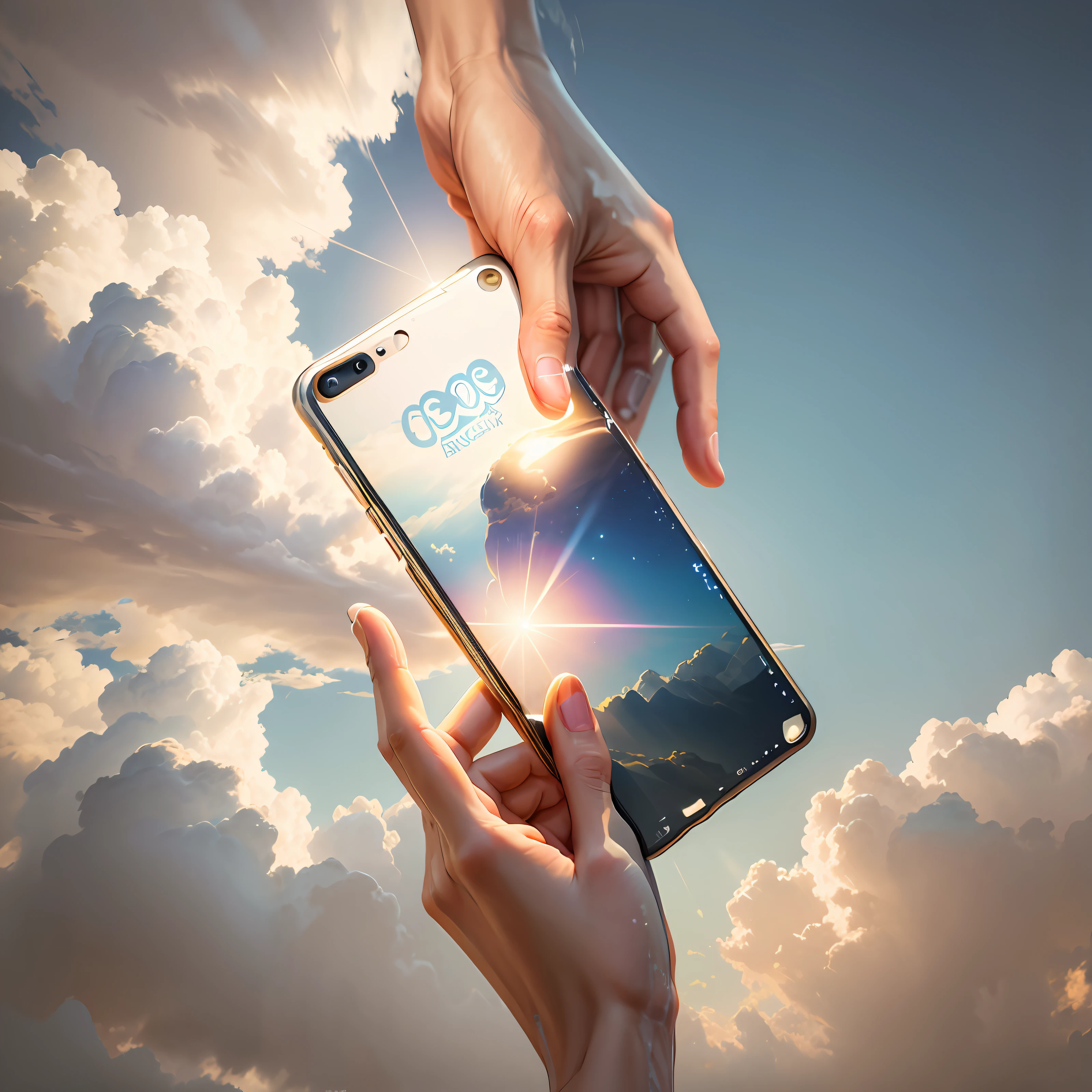 Two hands pass the phone,Looking Up The Sky,Realistic photography
