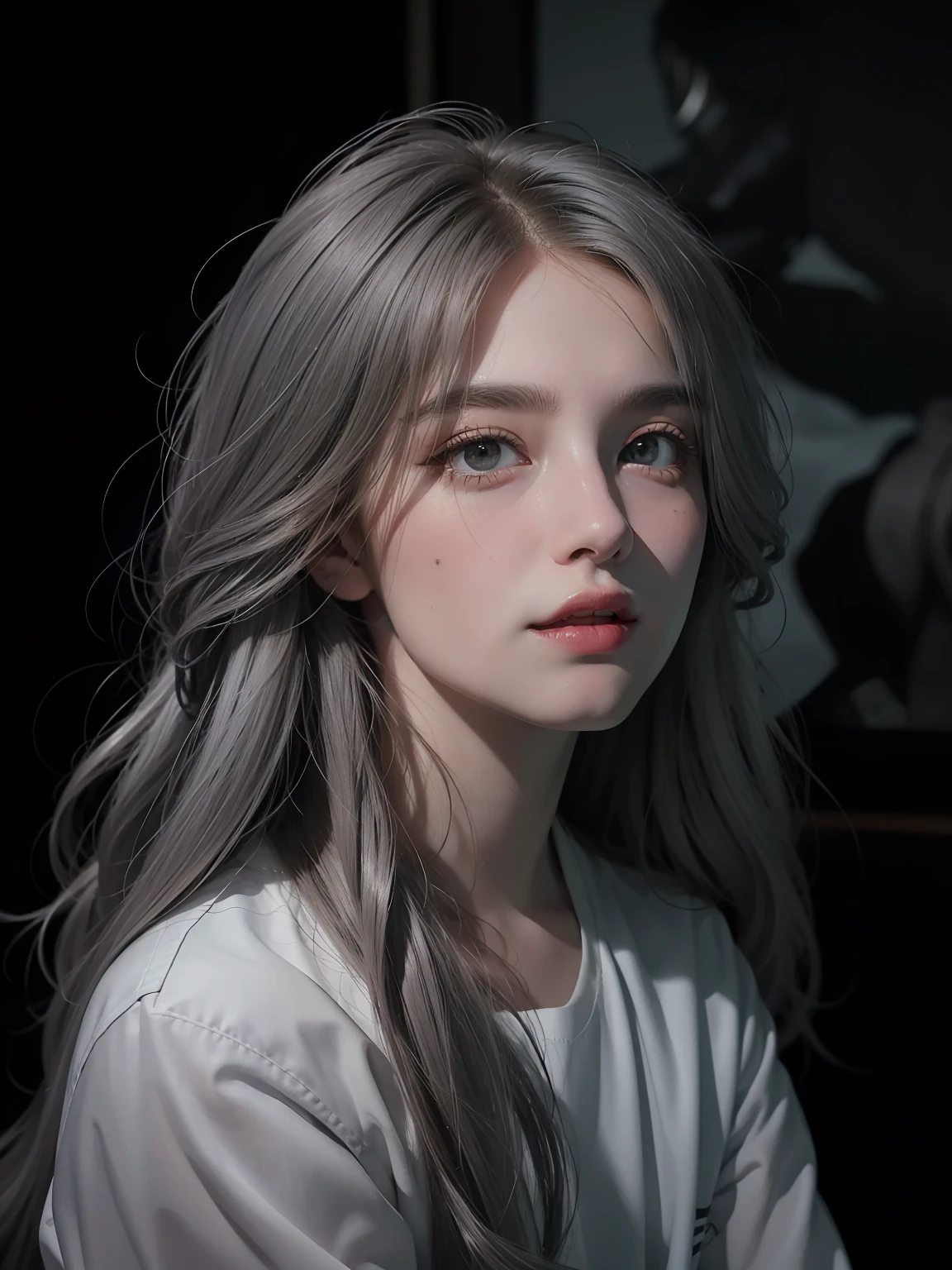(Front Focus), (In the Dark: 1.6), Surrealistic Female Portraits by David Hockney and Alphonse Mucha, Fantasy Art, Photo Realism, Dynamic Lighting, ArtStation, Poster, Volumetric Lighting, Very Detailed Faces, 4 K, Pantyhose, Shorts, 1girl, In the Dark, Deep Shadow, Low Key, Cowboy Shot, (Official Uniform: 1.4), Long Hair, Gray Hair,