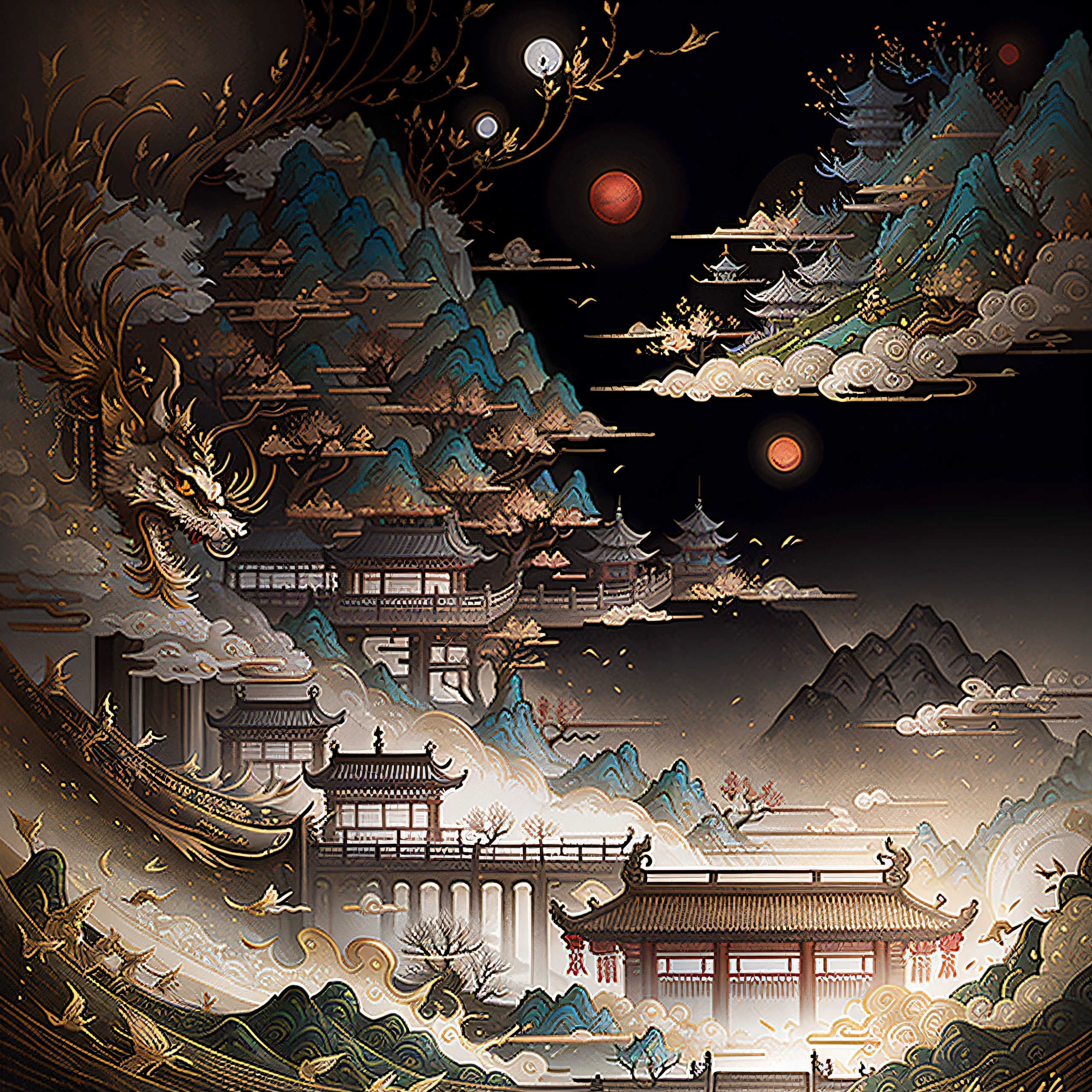 An ancient Chinese painting, ancient Chinese background, mountains, rivers, auspicious clouds, pavilions, sunshine, masterpieces, super detail, epic composition, ultra HD, high quality, extremely detailed, official art, unified 8k wallpaper, Super detail, 32k -- v 6