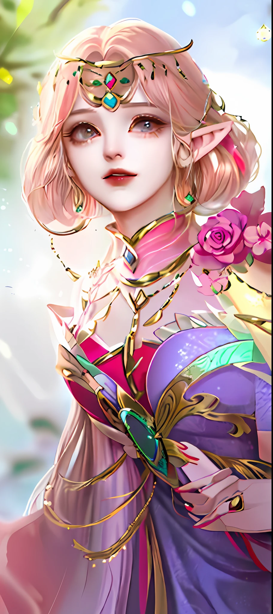 Angela, mobile legends angela, angela floral elf, mobile legends angela floral elf skin, 8k detalhado, best quality, obra prima, fundo floresta encantada, elfa vestida de rosa e cabelo loiro