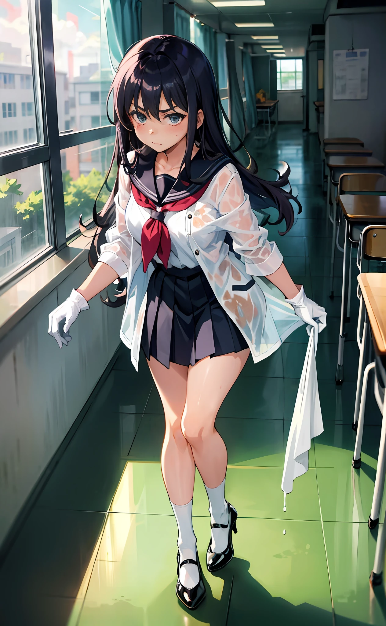 The anime schoolgirl looked disgusted,Wipe the floor in the classroom,Wearing white socks,Black high heels, Wear a transparent raincoat,Wearing white gloves,Wipe the floor stained with white liquid with a towel,