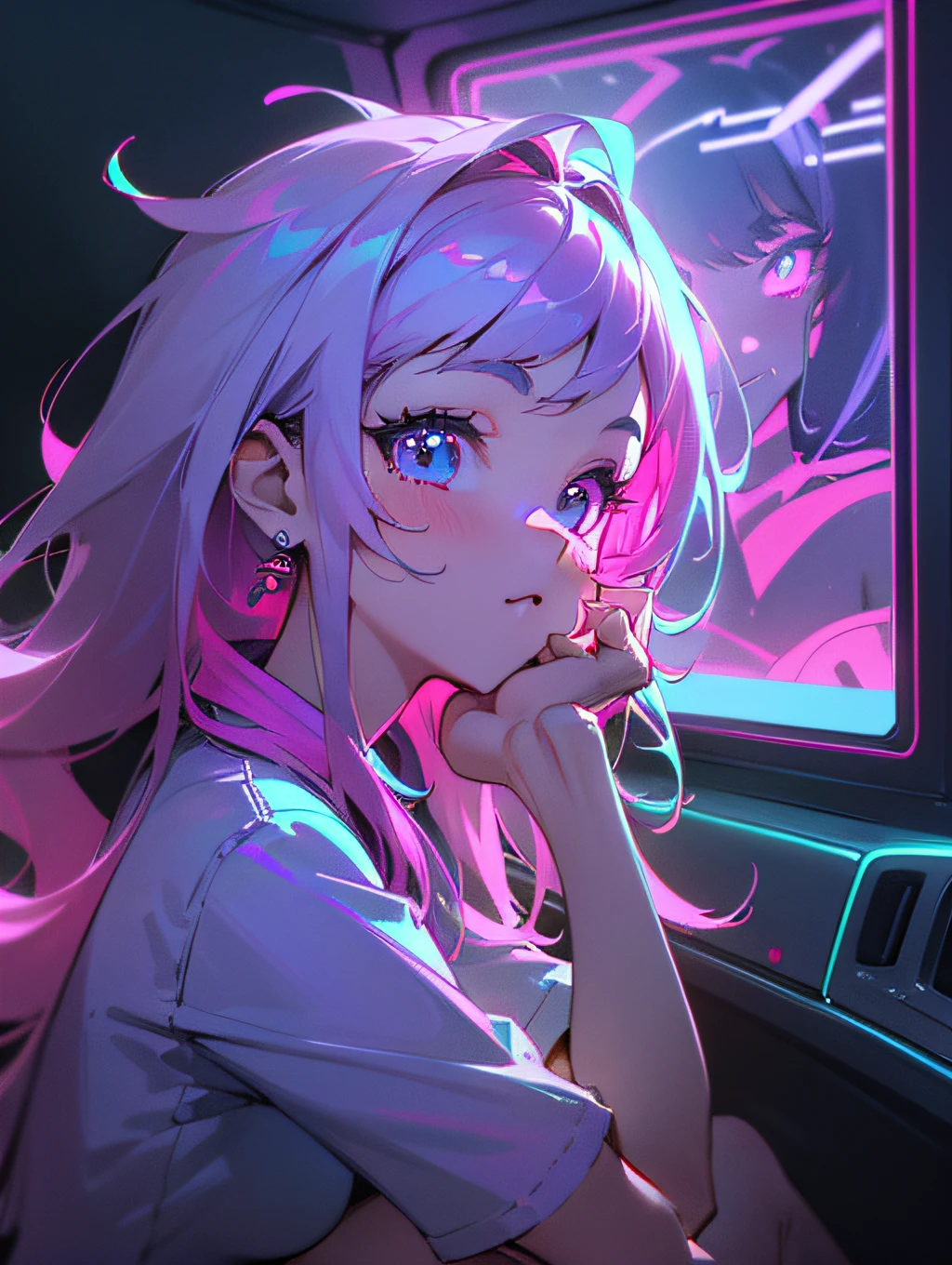 ((Full Neon)+Beautiful+Cute+(Full Body+Portrait)+(Detailed+Perfect)+(iPhone)), best quality, ultra-detailed, ultra-high resolution, cute sitting pose in a car viewing outside (cute), (1girl), (neon+pink+purple+blue:1.2), white background, beautiful face, Volumetric light, ( pose) (full body)