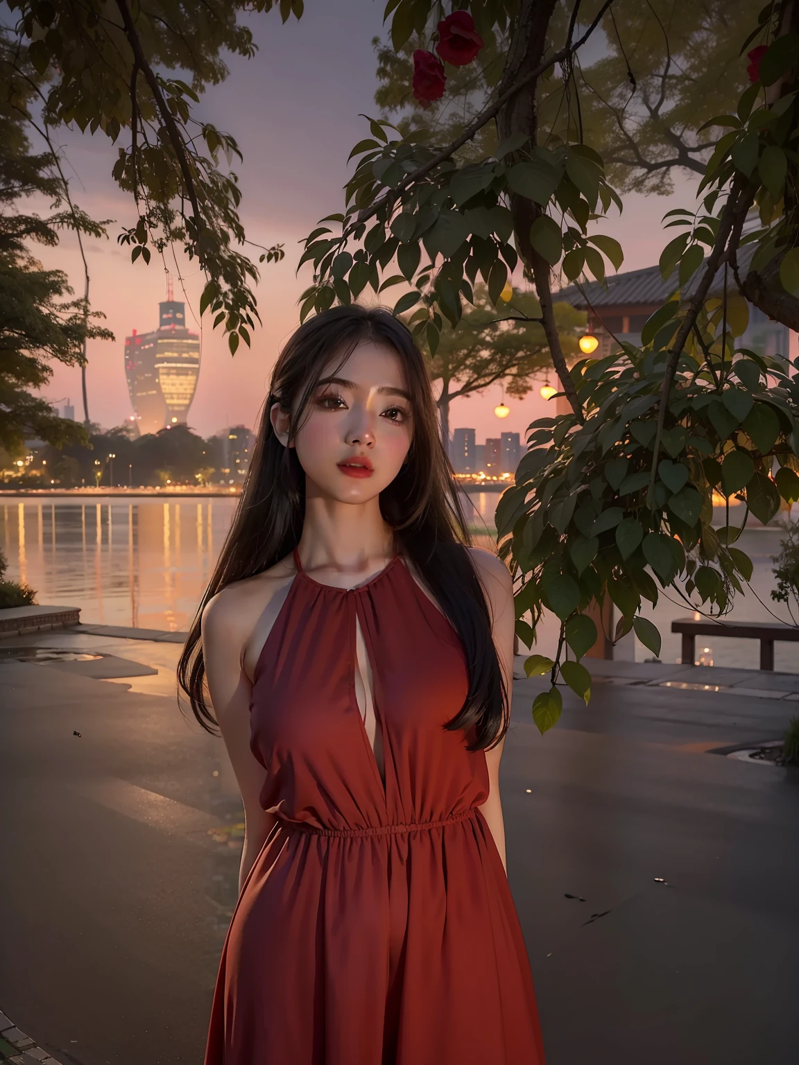 1girl, East Lake, Wuhan, natta, view over city, City lights, The upper part of the body, closeup cleavage, 8k, RAW photos, best qualtiy, tmasterpiece, realisticlying, photograph realistic,