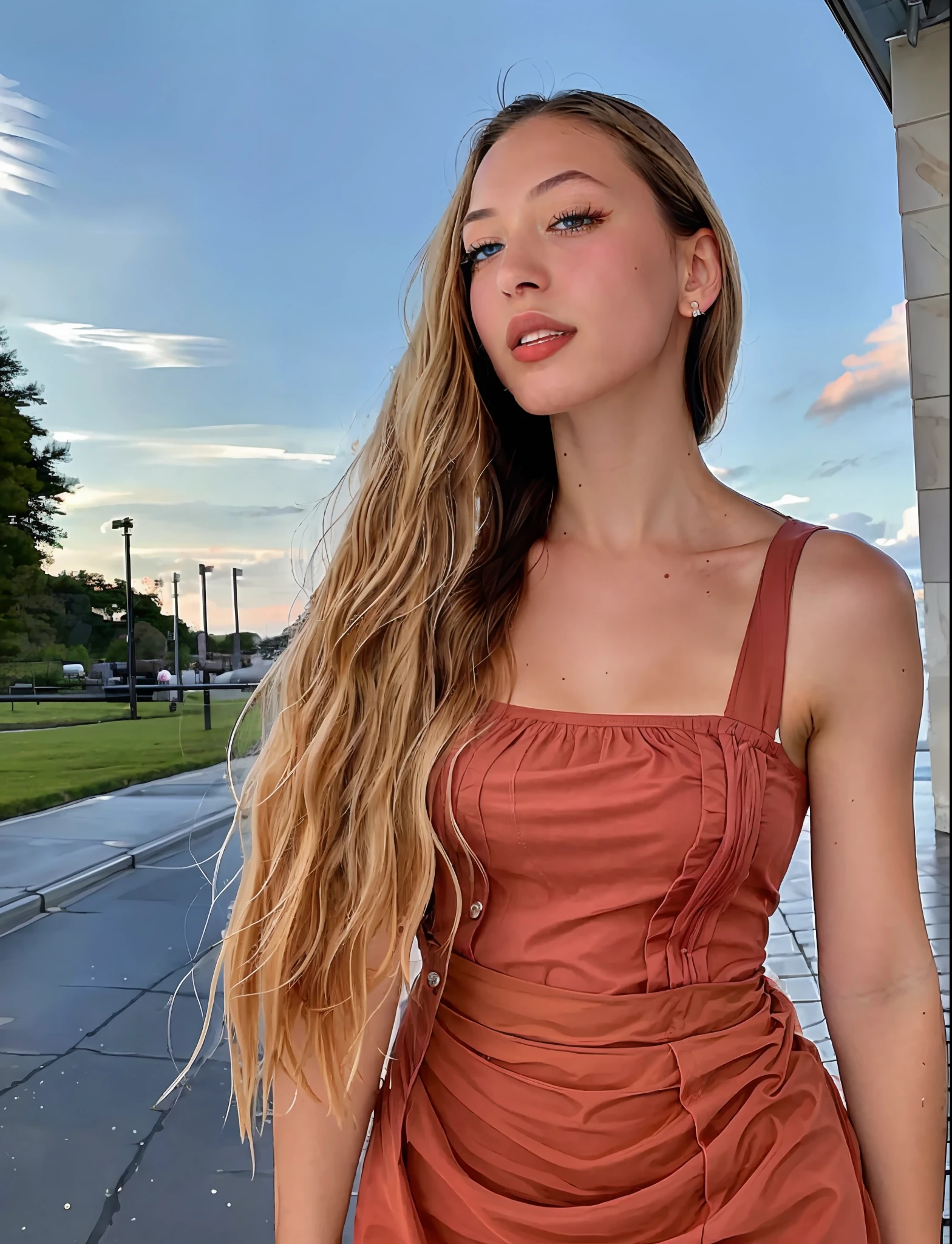 jsscbppler, red dress, full body, RAW photo, beautiful, detailed face, detailed eyes, highly detailed hair, perfect eyelashes, detailed iris, detailed lips, high detailed skin, skin pores, 8k, uhd, dslr, soft lighting, high quality, Fujifilm XT3