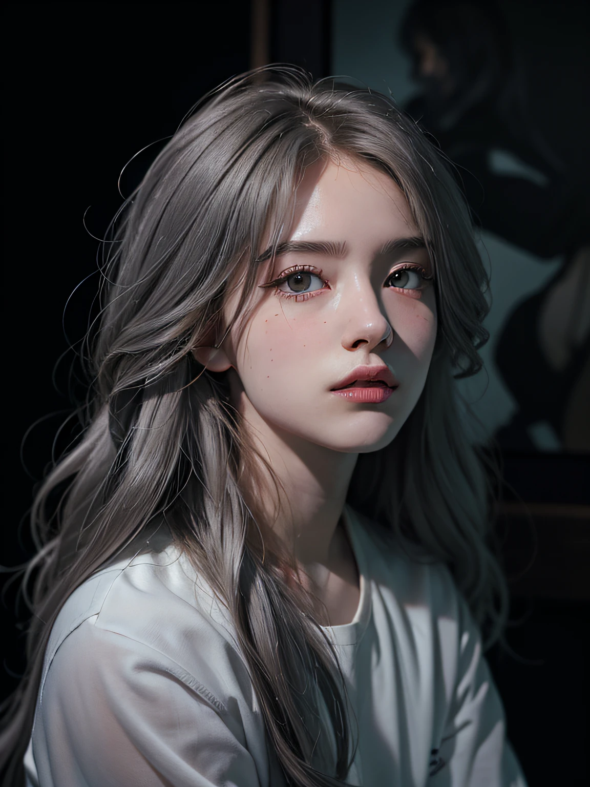 (Front Focus), (In the Dark: 1.6), Surrealistic Female Portraits by David Hockney and Alphonse Mucha, Fantasy Art, Photo Realism, Dynamic Lighting, ArtStation, Poster, Volumetric Lighting, Very Detailed Faces, 4 K, Pantyhose, Shorts, 1girl, In the Dark, Deep Shadow, Low Key, Cowboy Shot, (Official Uniform: 1.4), Long Hair, Gray Hair,