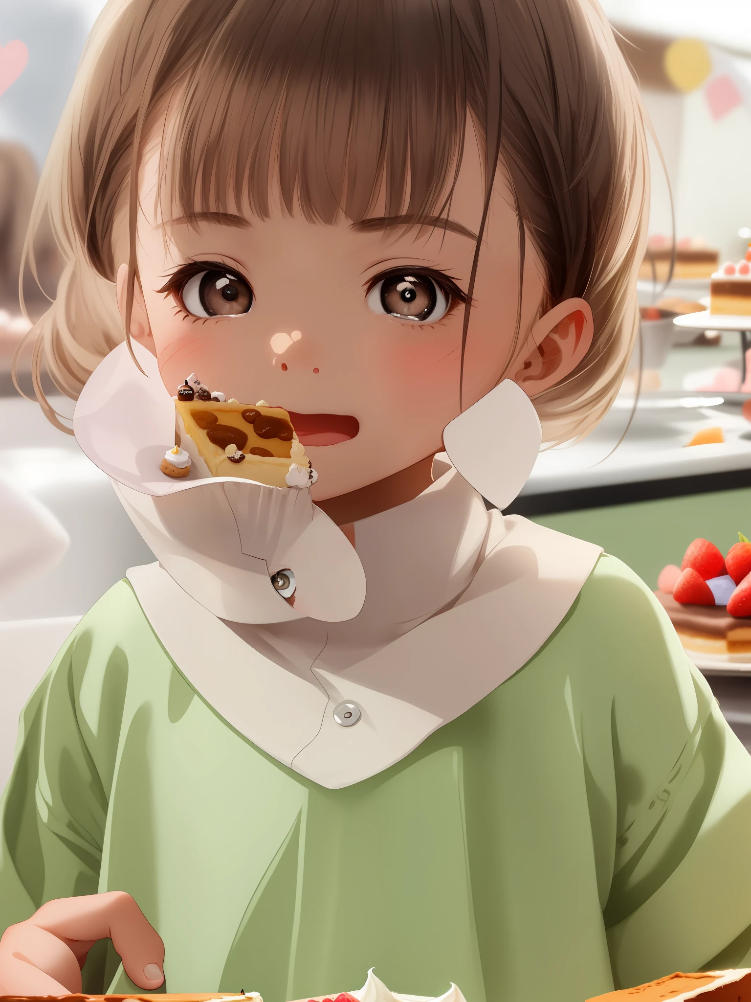 There was a little girl eating a piece of cake, with cute doting eyes, Detailed face of the girl, 2 years old, cute silly face, looking defiantly at the camera,Cute Korean face, curious expressions, , look straight at the camera, Look at the camera intently, pouty face