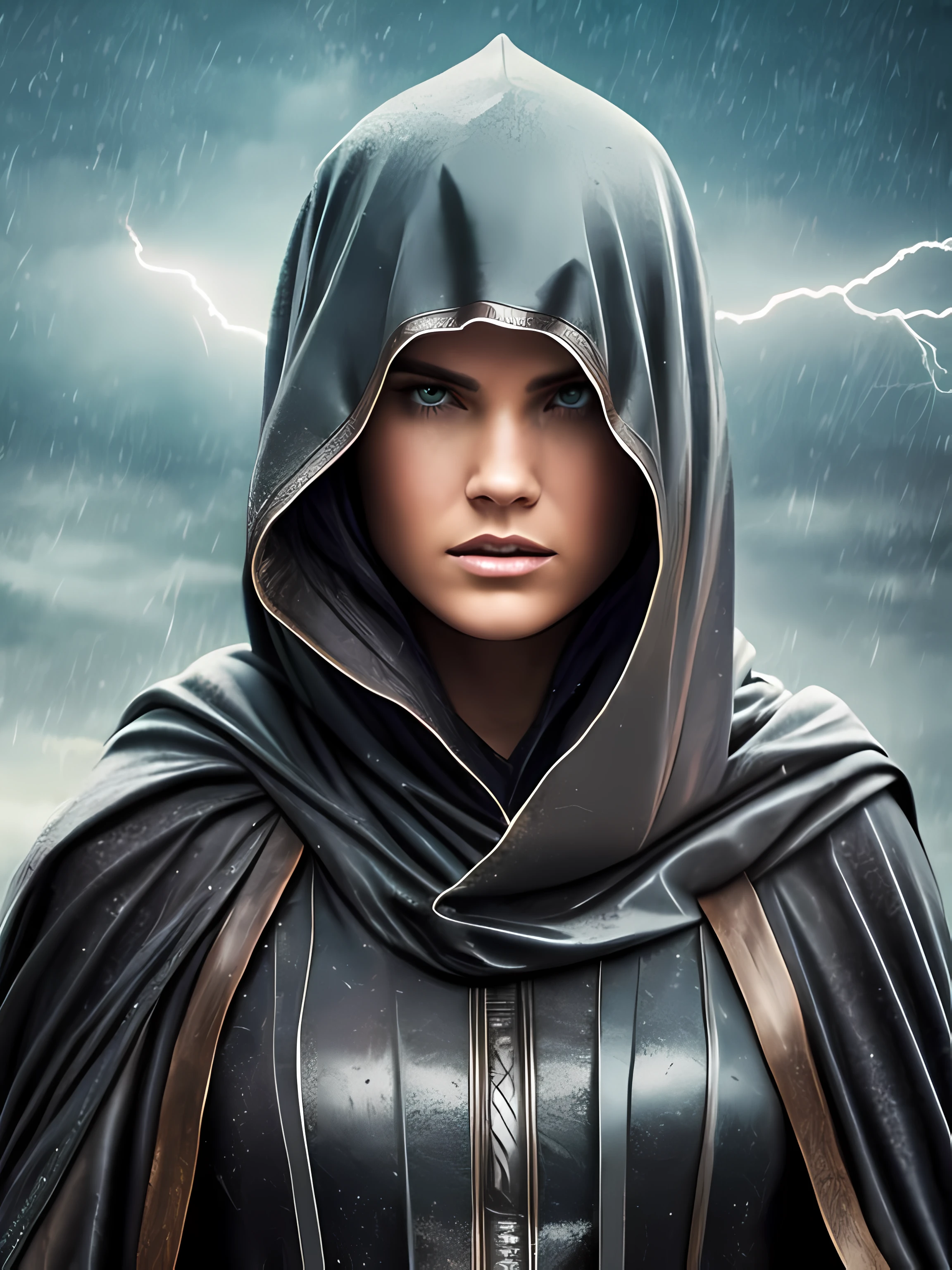 woman,slim,Cloaked,Wearing a hood,Tired expression,Rainstorm days,A lot of lightning,beachside,Punch your fist,epic sense,tmasterpiece,(Highly detailed detailed movie rendering, Ultra-realistic light with the best quality),(Most Best Illustration),(best shadow),high definition detail,HighDynamicRange --auto