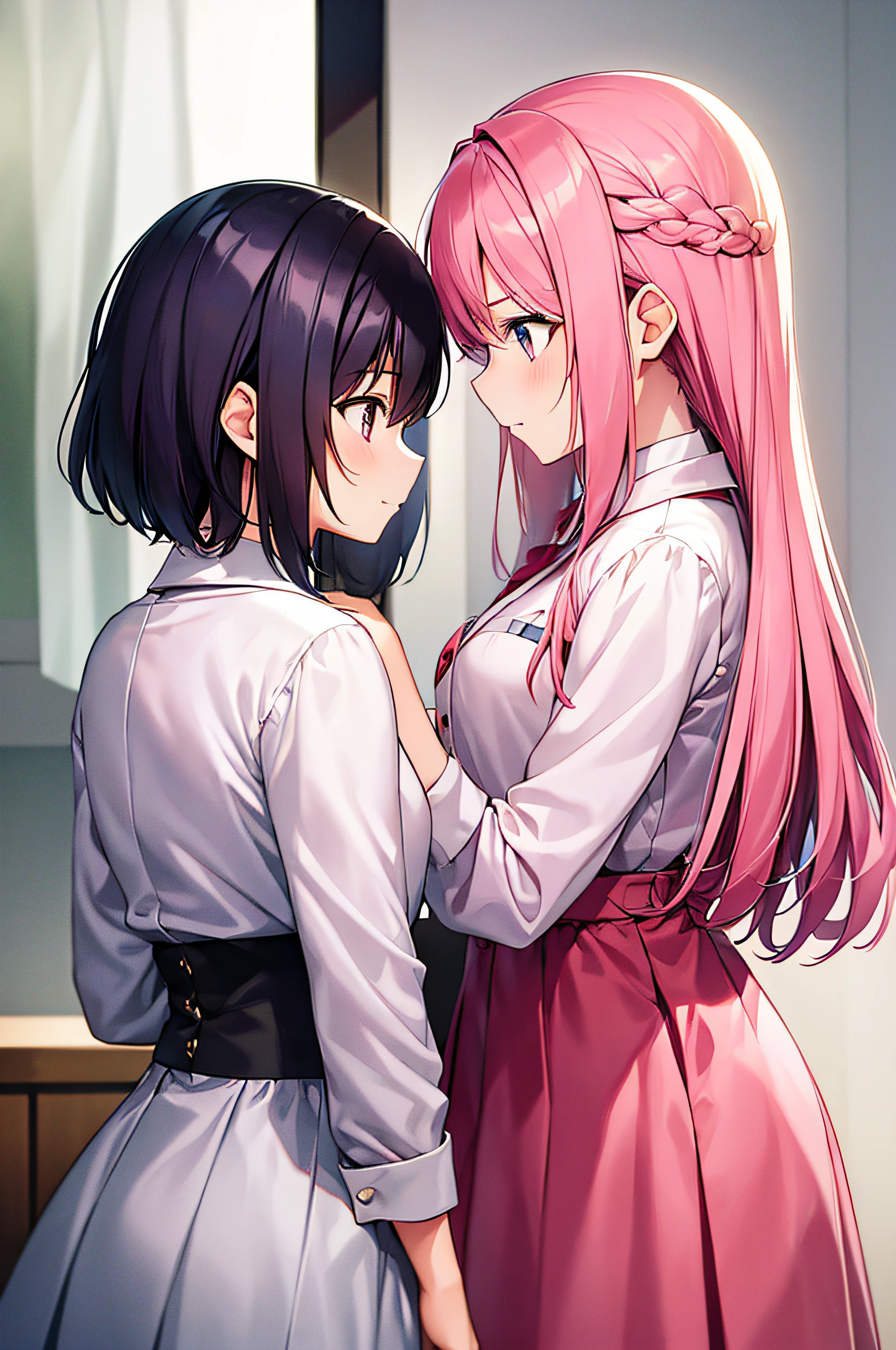 2girls,Pink hair,Staring at each other