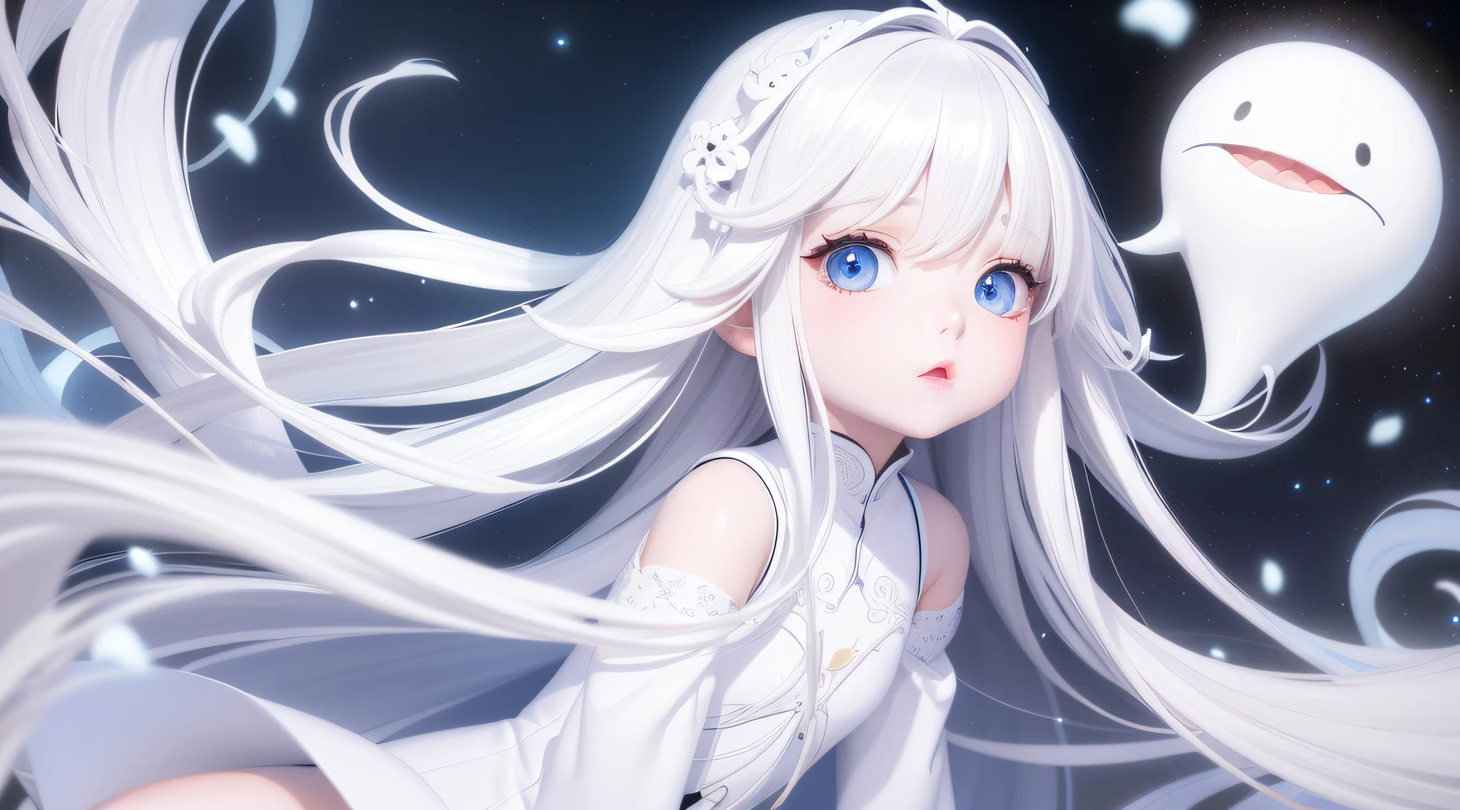 best quality, tmasterpiece, white color hair, blueneyes, head looking up, The upper part of the body，校服，largeeyes，little mouth，small-nose，White hair，