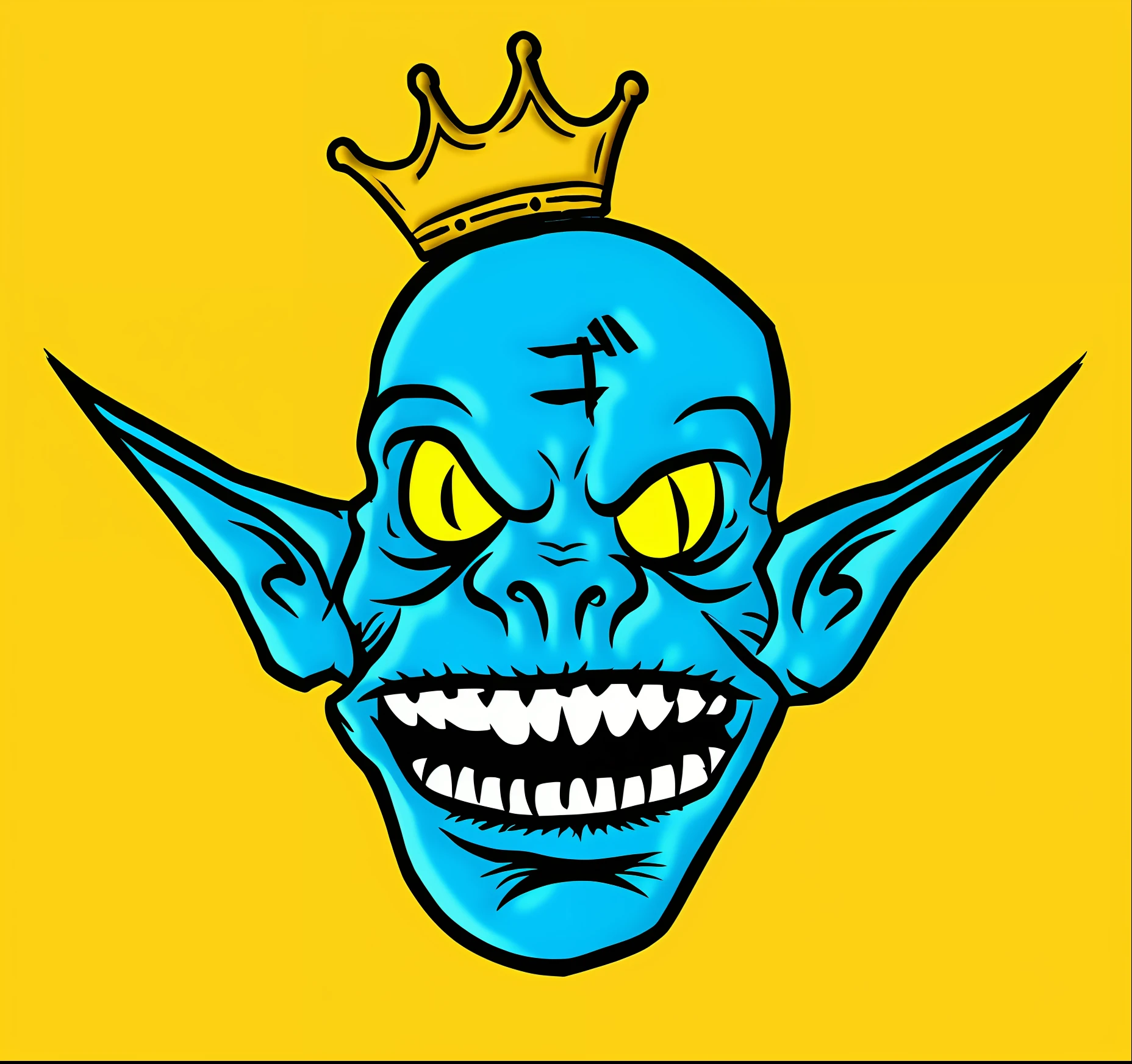 Close-up of a cartoon character with a crown on his head, Frozen Zombie Man with a Crown, Wide wicked smile, Big evil smile, Evil insane smile laugh, grinning evily, Portrait of an ancient neon monster, is evil gremlin, Evil villain grins, evil smile and glowing eyes, Creepy evil smile, crazed smile, quirky king of faes ( with long --auto
