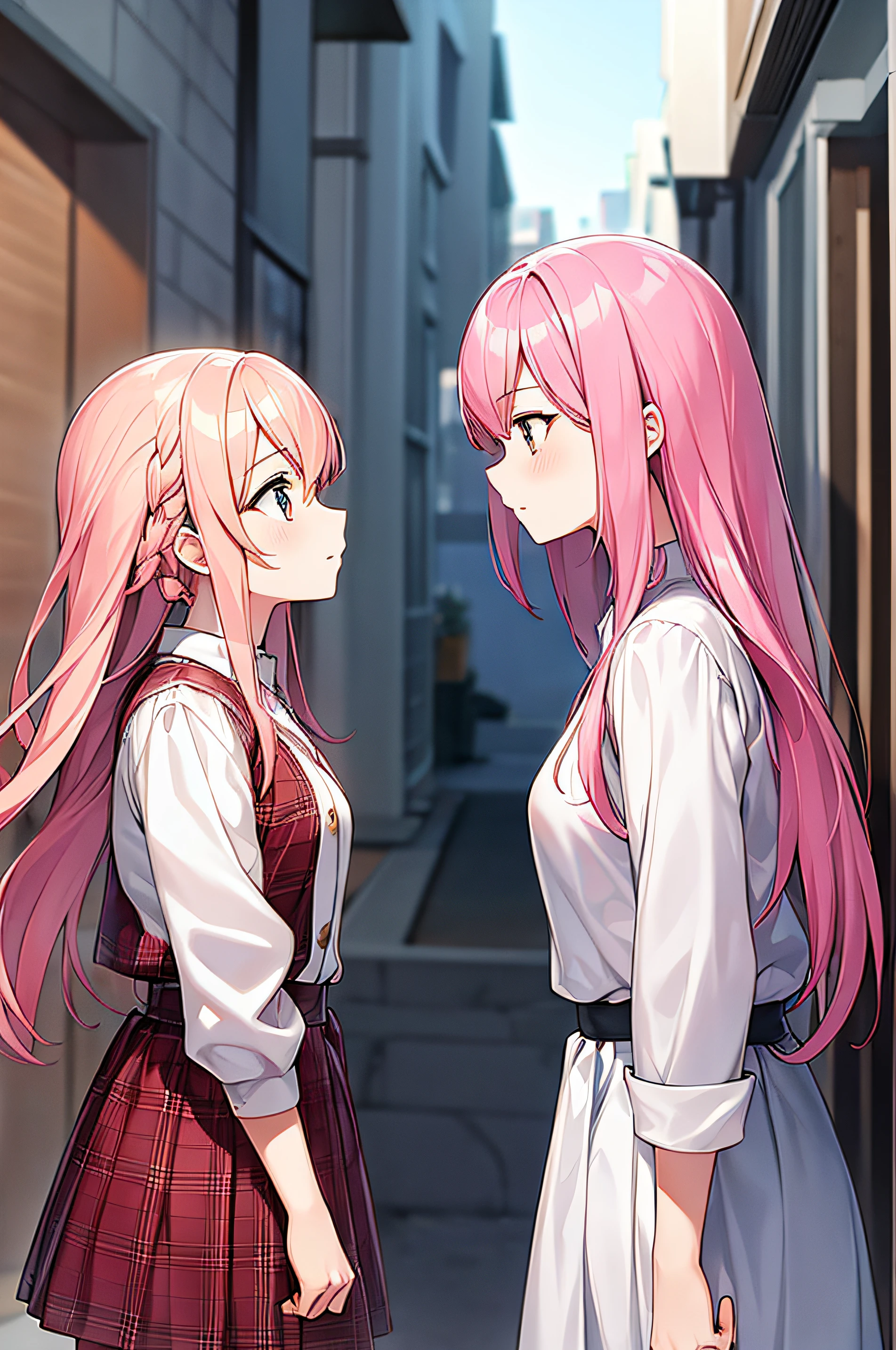 2girls,Pink hair,Staring at each other