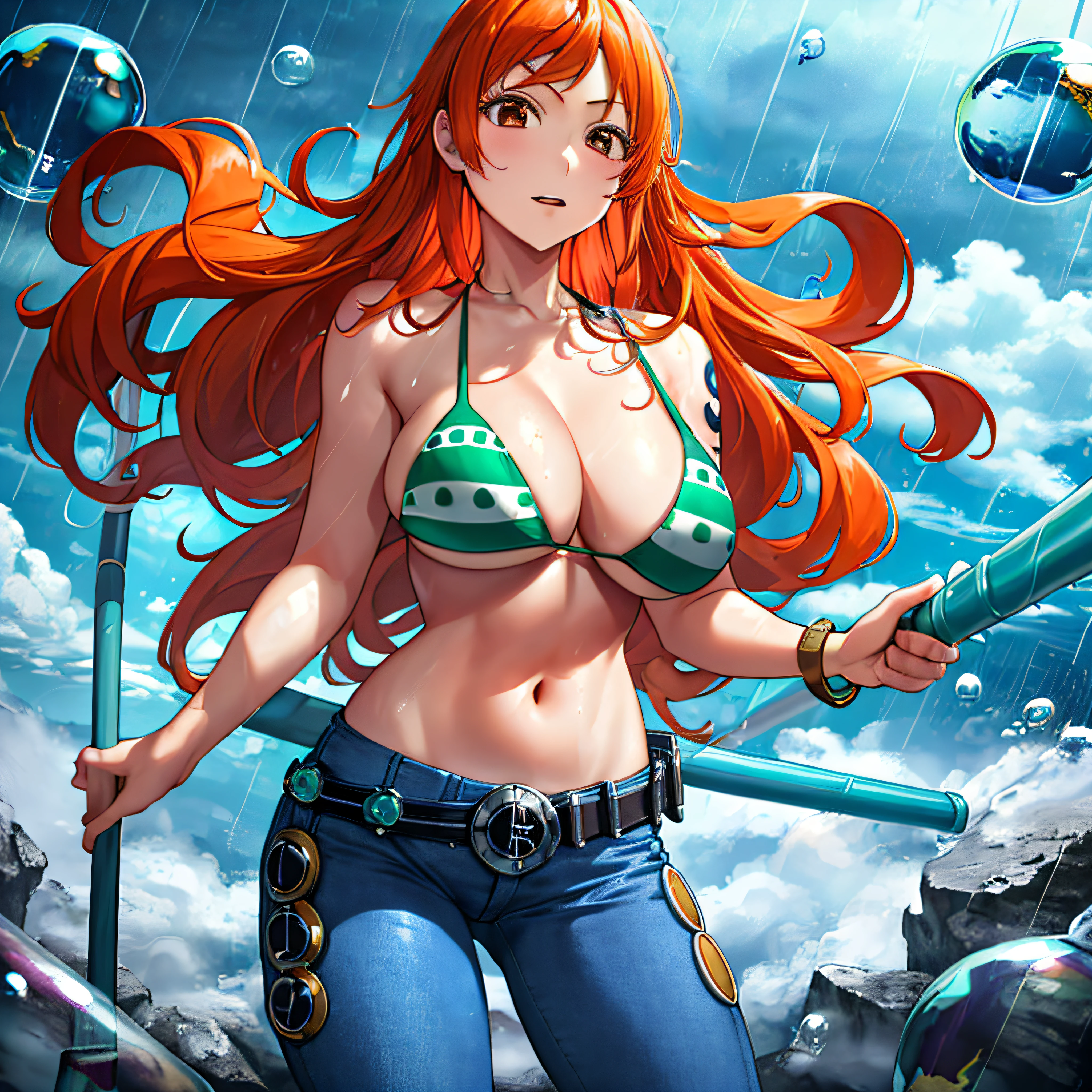 (((masutepiece+Best Quality+High resolution+Ultra-detailed))), 1girl with clima-tact, Nami, long silky orange hair