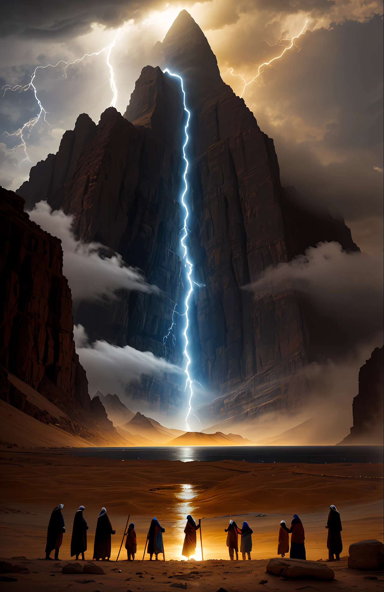 Crie uma imagem com as seguintes caracteristicas:
The image depicts a powerful and emblematic scene from the book of Exodus. At the center of the composition, There is an imposing and majestic figure, representing Moses. He is portrayed as a courageous leader, wearing traditional robes and holding the iconic staff in his right hand.
Behind Moses, ergue-se uma montanha imponente, shrouded in dark clouds and lightning. Isso simboliza o Monte Sinai, where Moses received the tablets of the Ten Commandments, one of the most significant events in the book of Exodus.
As Moses raises his left arm, The seas in front of you miraculously split, creating two huge walls of water. This represents the famous episode of the crossing of the Red Sea, where God led the people of Israel to freedom, Opening a safe path through the waters.
To the left of the image, a crowd of people is observed, representando os israelitas, who walk towards freedom, with expressions of hope and gratitude on their faces.
in sky, above Moses and the Israelites, irradia uma luz intensa e radiante, symbolizing God's divine presence and guidance throughout the people's journey through the wilderness.
The overall composition of the image conveys a sense of power, Miracle and Liberation, capturing the essence of the book of Exodus and its account of the liberation of the people of Israel from slavery in Egypt, led by Moses under divine guidance.