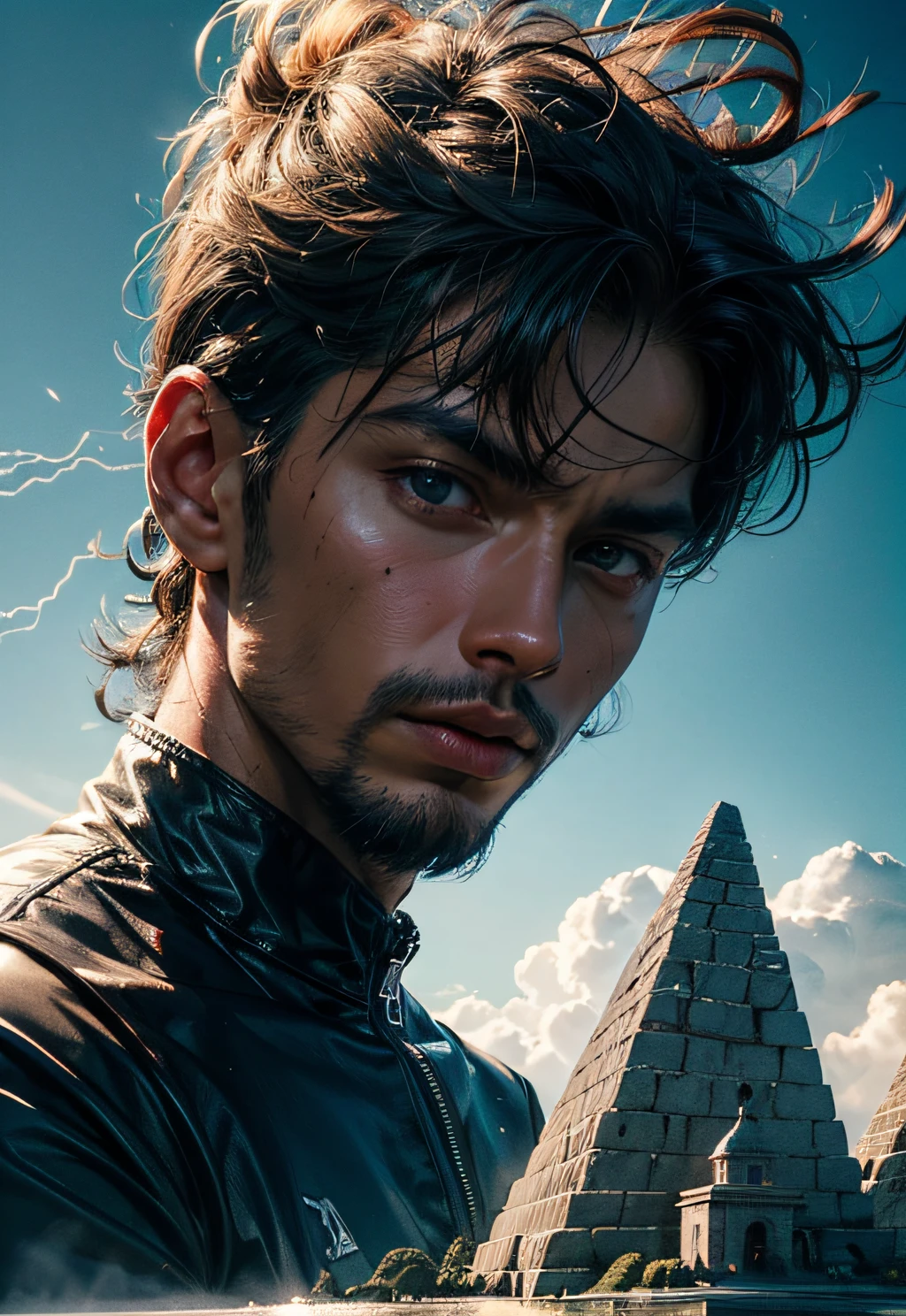 a man coming out of a portal, sci-fi movie, pyro, smoke, blue skies, white clouds, daylight, colorful clothes, outdoor, Movie still, soil on the ground, hills, wind, ambient light, daylight, Black man. detailed face, (((Man))), exploding ship, dynamic fighting pose,holding a mechanical pyramid with floating glowing cubes, the pyramid has some glowing lines. the cubes are radiating energy. the man is commanding the pyramid, the man is a scientist. white clouds, misty, fog, full body, Hyper realistic, Photography, Picture of the week, RAW, beautiful, (finely detailed skin), African skin, pilot, in red-blue-black futuristic uniform, Clouds in the background, lightning, extremely detailed,colorful,highest detailed, (dynamic pose), shiny skin, zentangle, flowers, abstract background,(masterpiece) (perfect proportion)(realistic photo)(best quality) (detailed) photographed on a Canon EOS R5, 50mm lens, F/2.8, HDR, (8k) (wallpaper) (cinematic lighting) (dramatic lighting) (sharp focus) (intricate)