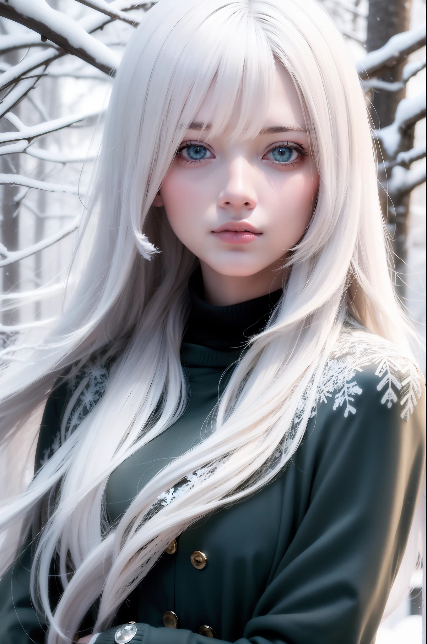 best qualtiy， tmasterpiece， White hair， eBlue eyes， A girl， exteriors， The upper part of the body， Realistis，Floating hair, Snowy,,Detailed face, winter, Green trees, Sunshine