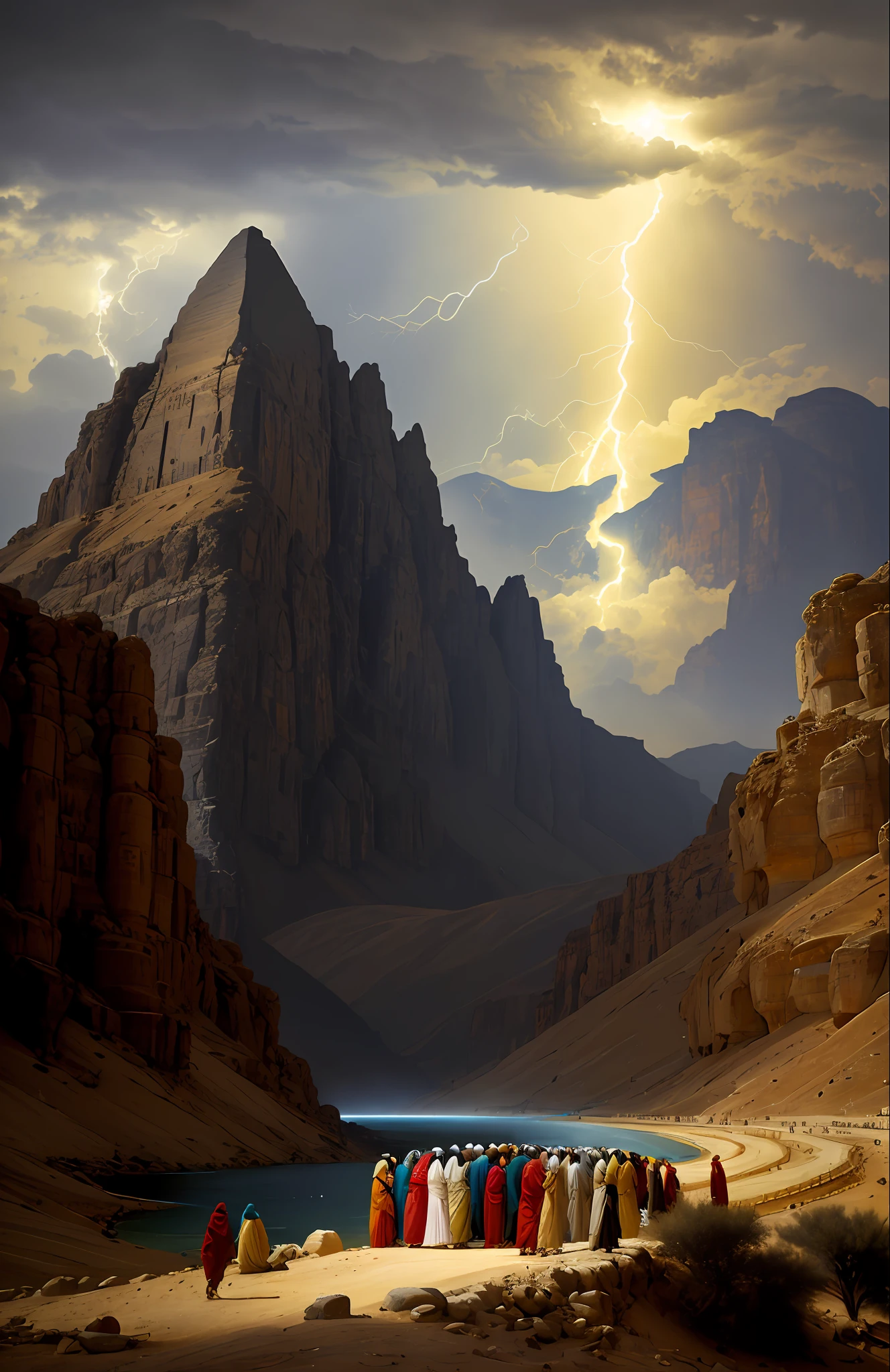Crie uma imagem com as seguintes caracteristicas: The image depicts a powerful and emblematic scene from the book of Exodus. At the center of the composition, There is an imposing and majestic figure, representing Moses. He is portrayed as a courageous leader, wearing traditional robes and holding the iconic staff in his right hand.

Behind Moses, ergue-se uma montanha imponente, shrouded in dark clouds and lightning. Isso simboliza o Monte Sinai, where Moses received the tablets of the Ten Commandments, one of the most significant events in the book of Exodus.

As Moses raises his left arm, The seas in front of you miraculously split, creating two huge walls of water. This represents the famous episode of the crossing of the Red Sea, where God led the people of Israel to freedom, Opening a safe path through the waters.

To the left of the image, a crowd of people is observed, representando os israelitas, who walk towards freedom, with expressions of hope and gratitude on their faces.

in sky, above Moses and the Israelites, irradia uma luz intensa e radiante, symbolizing God's divine presence and guidance throughout the people's journey through the wilderness.

The overall composition of the image conveys a sense of power, Miracle and Liberation, capturing the essence of the book of Exodus and its account of the liberation of the people of Israel from slavery in Egypt, led by Moses under divine guidance.