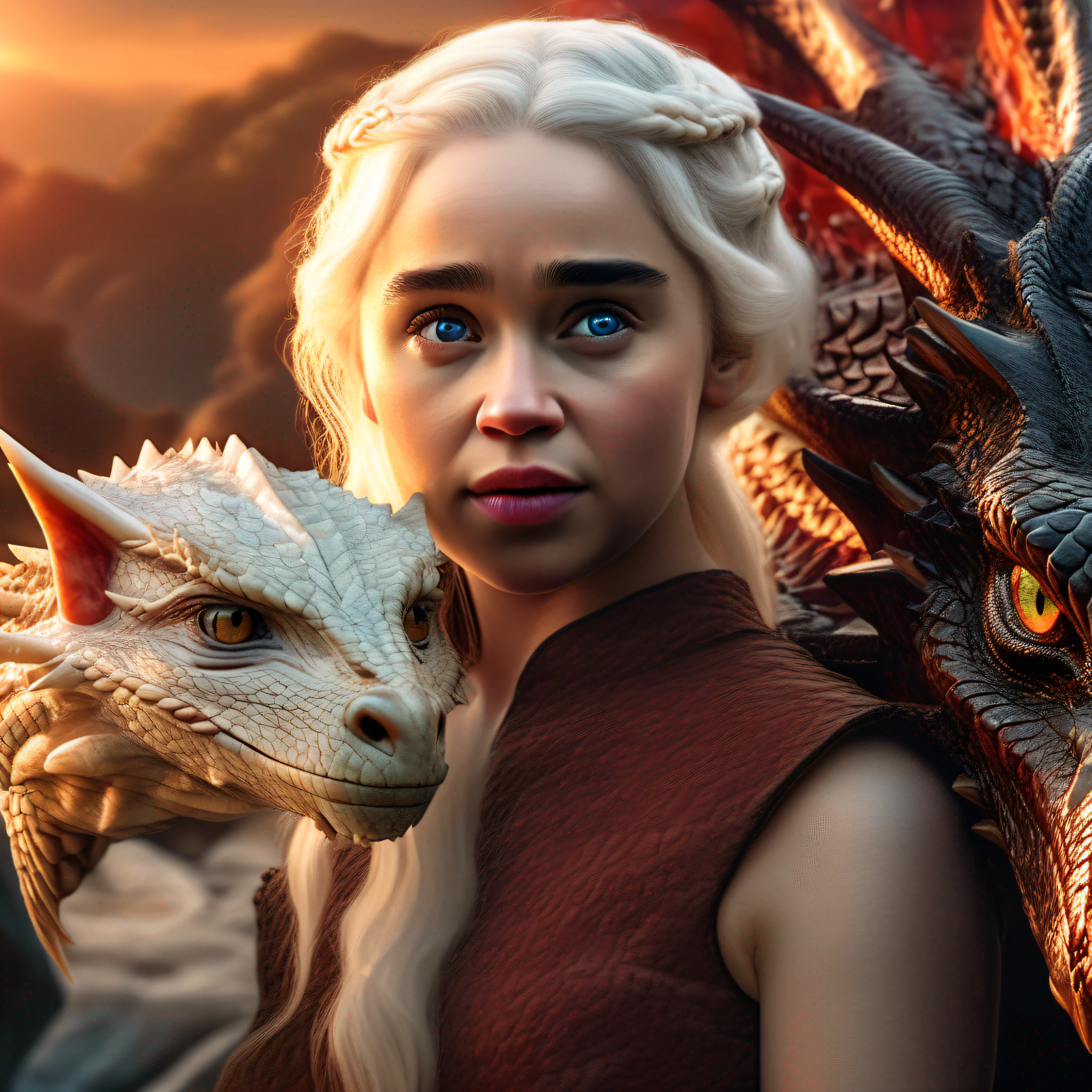 hyper real photo of [Daenerys Targaryen|Emilia Clark] Bring pets (Dragon:1.1), Beautiful, Sexy, 1 Girl with Dragon, blond, Close-up, Extreme closeup, Realistic proportions, Realistic pupils, Firebread dragon, limited palette, A high resolution, absurderes, Cinematic lighting, 8K resolution, Frontlighting, hdr, Sunrise, RAW photo, Nikon 85mm, Award-Awarded, Glamorous photos, Extremely detailed, Beautiful Ukrainian language, mind bending, Knott Edith, (Blue top:0.6),