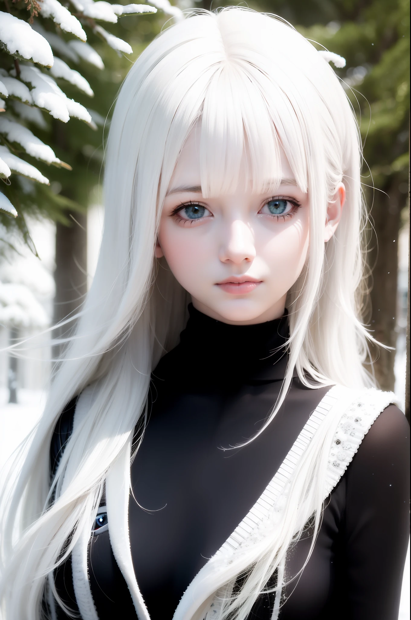 best qualtiy, tmasterpiece, White hair, eBlue eyes, A girl, exteriors, The upper part of the body, Realistis, Floating hair, Snowy,, Detailed face, winter, green trees, Sunshine