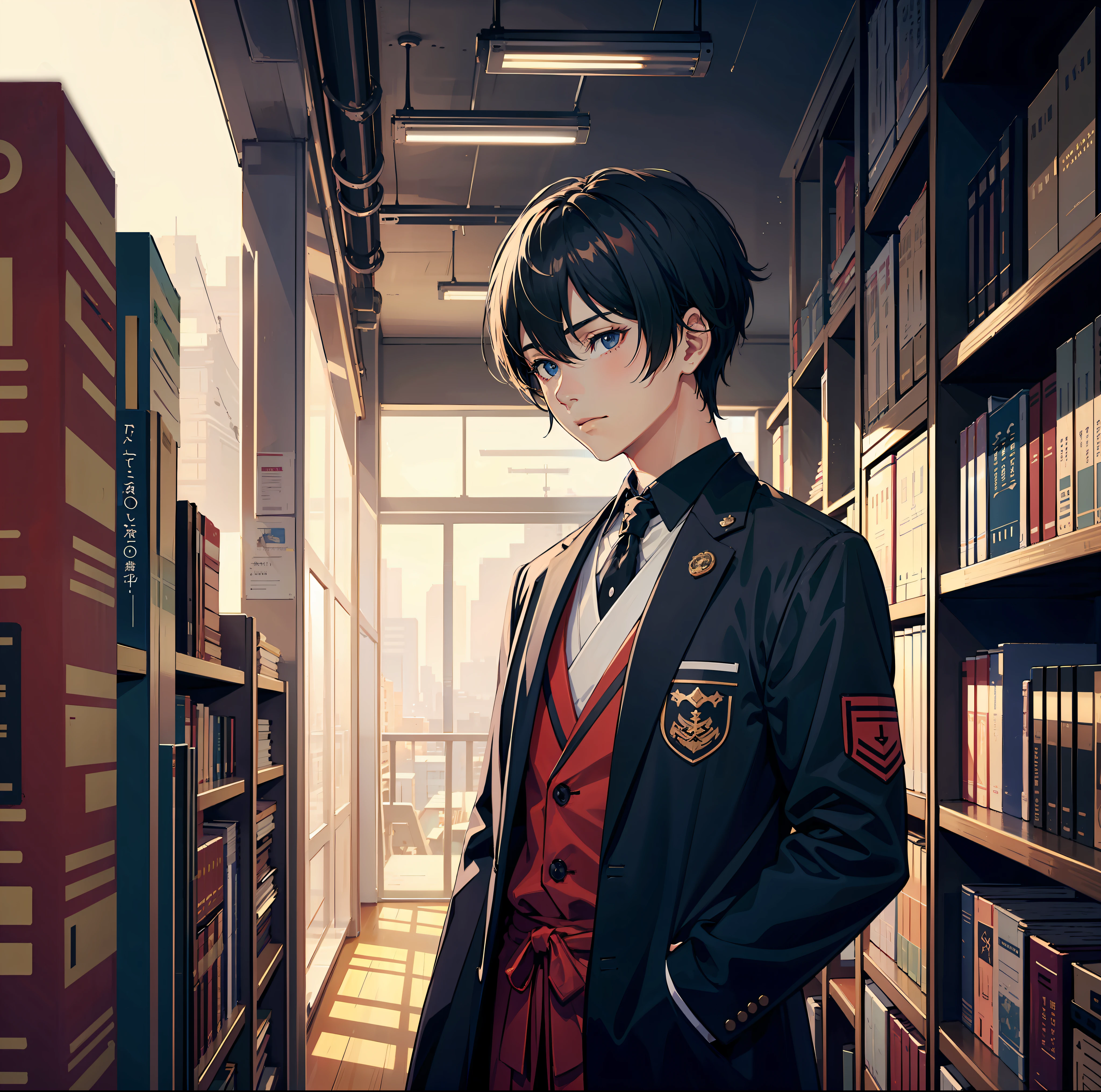 A boy with，校服，libraryai，