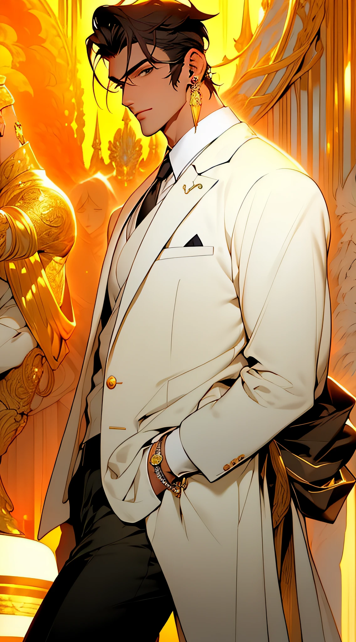 （（tmasterpiece， Need，Business negotiation aesthetics）），1 Male solo， Close-up Shot Shot， （Determined eyes），（black suit jacket，White shirt，tiese，Trousers），（cabelos preto e longos），（formal outfit），Mature men，(Clear facial features，detailed skin textures，Handsome face），white backgrounid， 耳Nipple Ring，Yellow skin， standing on your feet，（tmasterpiece，top Quority，best qualtiy），（（（flatcolors））），Capricorn accessories