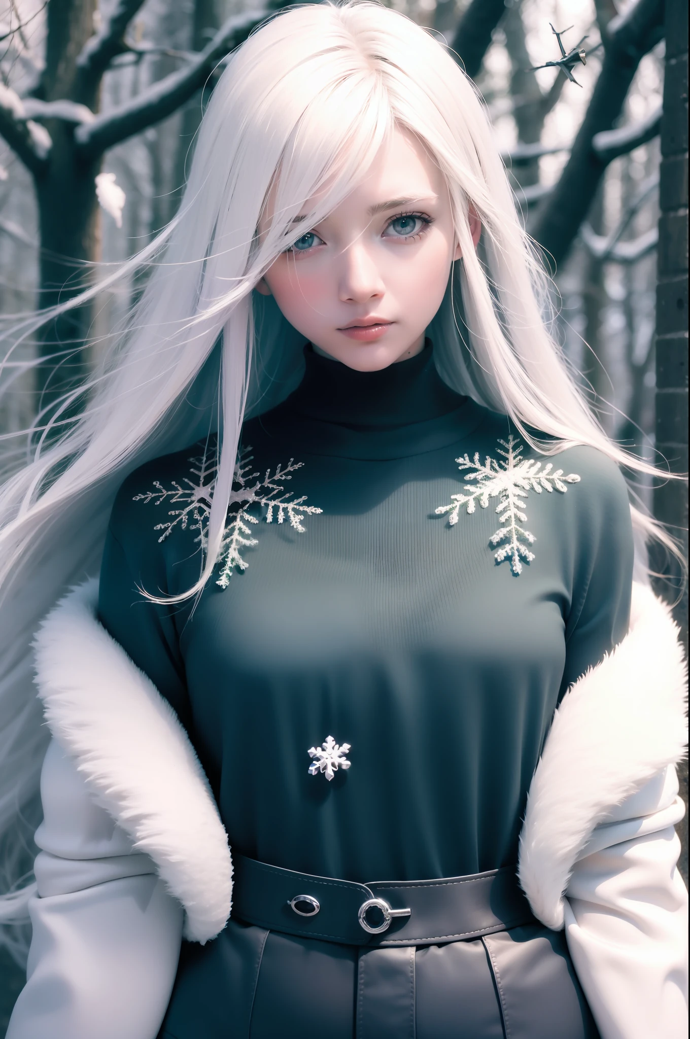 best qualtiy， tmasterpiece， White hair， eBlue eyes， A girl， exteriors， The upper part of the body， Realistis, Floating hair, Snowy,, Detailed face, winter, Green trees, Sunshine