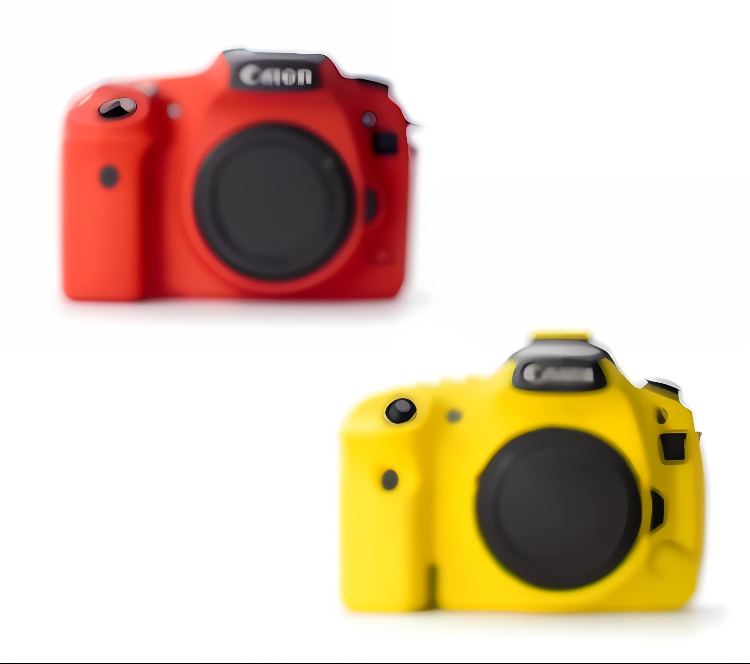 There are two cameras side by side, DSLR camera color, Canon EOS R7 2006, Canon EOS 90D, silicone cover, set against a white background, 6 colors, 2 colours, High quality DSLR camera photos", red-yellow colors, Slr, 4 colors, product introduction photos, professional product photo, product introduction photos --auto