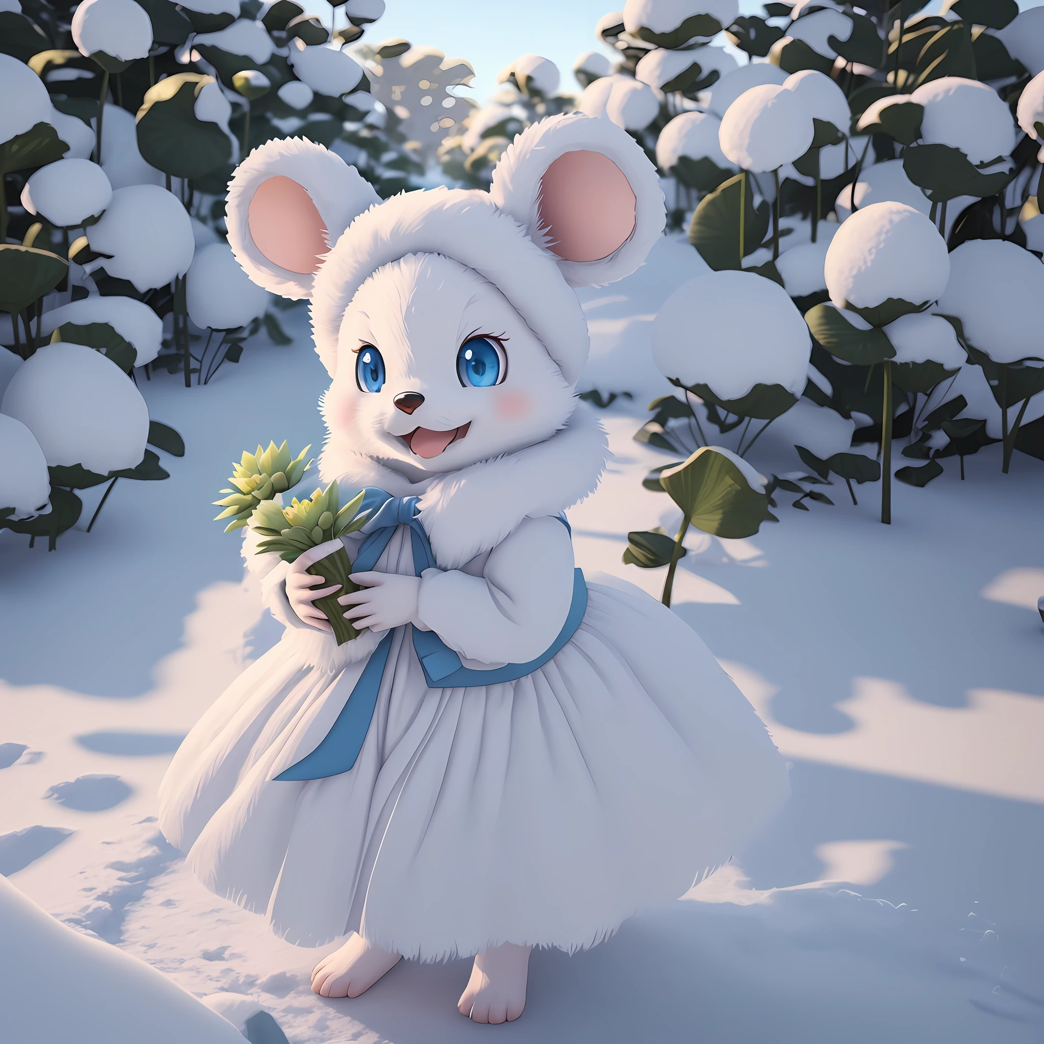 Front view, little cute anthropomorphic white fluffy mouse, summer, wearing cute light blue hat, wearing blue wedding dress, plump body, standing, symmetrical ears, big bright eyes, sweet smiling face, handheld lotus flower, Chinese New Year scene, fluffy snow, intricate furry details, soft movie lighting, 8k, portrait, Pokemon animation style, Octane rendering, rendered in Unreal Engine, high quality --v 4 --auto