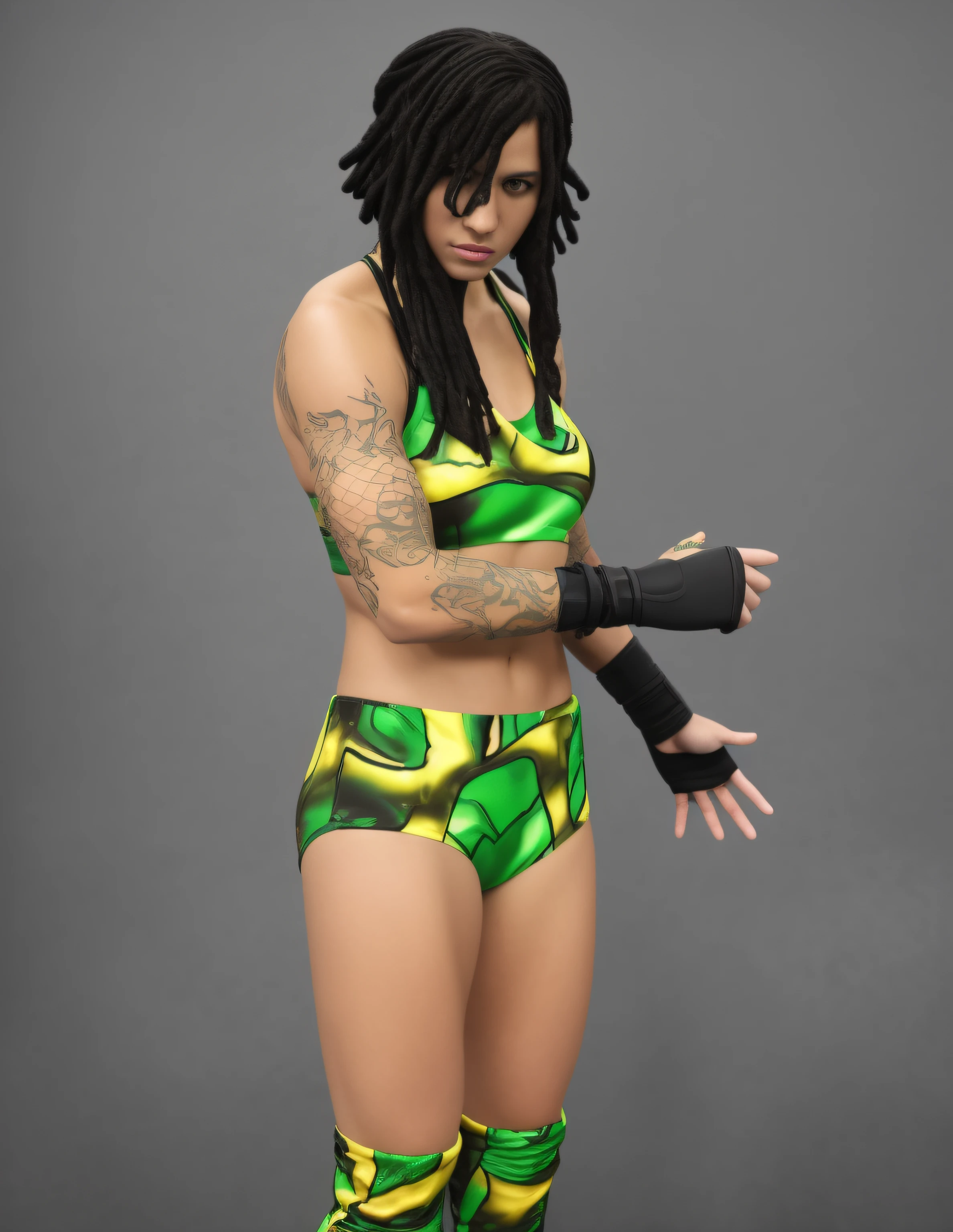 ((masterpiece, best quality)), Caucasian female wrestler with partial dreads, black fire tattoos, in green yellow and black slime patterned sports bra, green yellow and black slime patterned trunks, black hand-wraps, photo realistic, intricate details