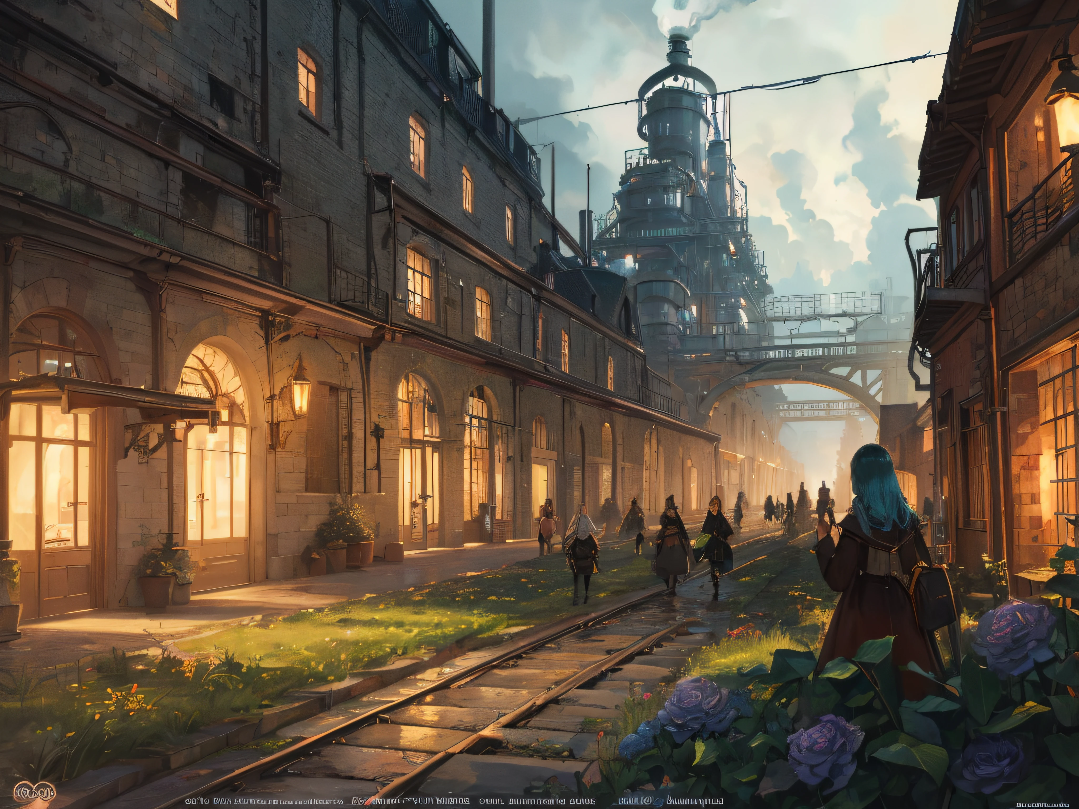 a color (Fantasy: 1.2), (Early 19th century style), Underground city, houses in the style of the early 19th century, (industrial revolution), (((factories of the factory))), Plants, Work, arches, Plants, lanterns, Sateen, crowd, dressed in the style of the Industrial Revolution, bridges, train, Floral decorations, Lights, ConceptArt, Artstation contest winner, Fantasy art, by Ross Tran, light shafts, Realistic lighting, tmasterpiece, hiquality, Beautiful graphics, higly detailed, tmasterpiece, hiquality, Beautiful graphics, higly detailed, low key light, gloomy atmosphere, smoke from chimneys, darkness --v6