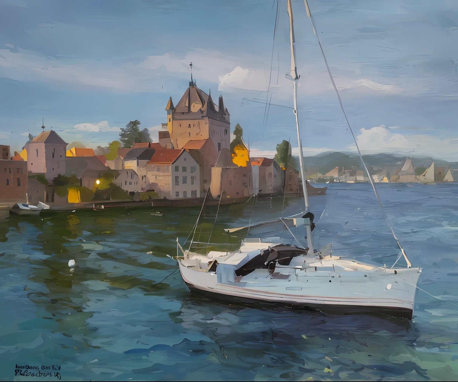 Draw a sailing ship in the port,The background is a castle, author:Richard Carlin, author:William Didier-Pouget, silvain sarrailh, Dmitry Spyros, author:Mikhail Yevstafyev, Aleksiy Zaitsev, author:Jonas Droz, author:Raphael Colin, author:Igor Kufayev, author:Robert Registrar