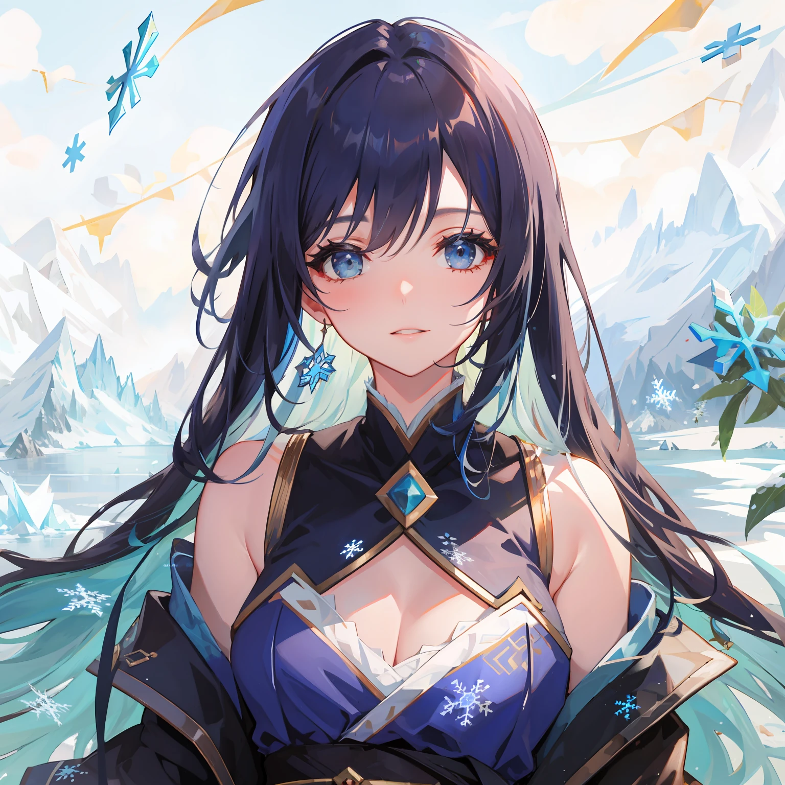 Long blue and white hair,Change your clothes into a blue and white off-the-shoulder kimono,Glaciers and snowflakes in the background