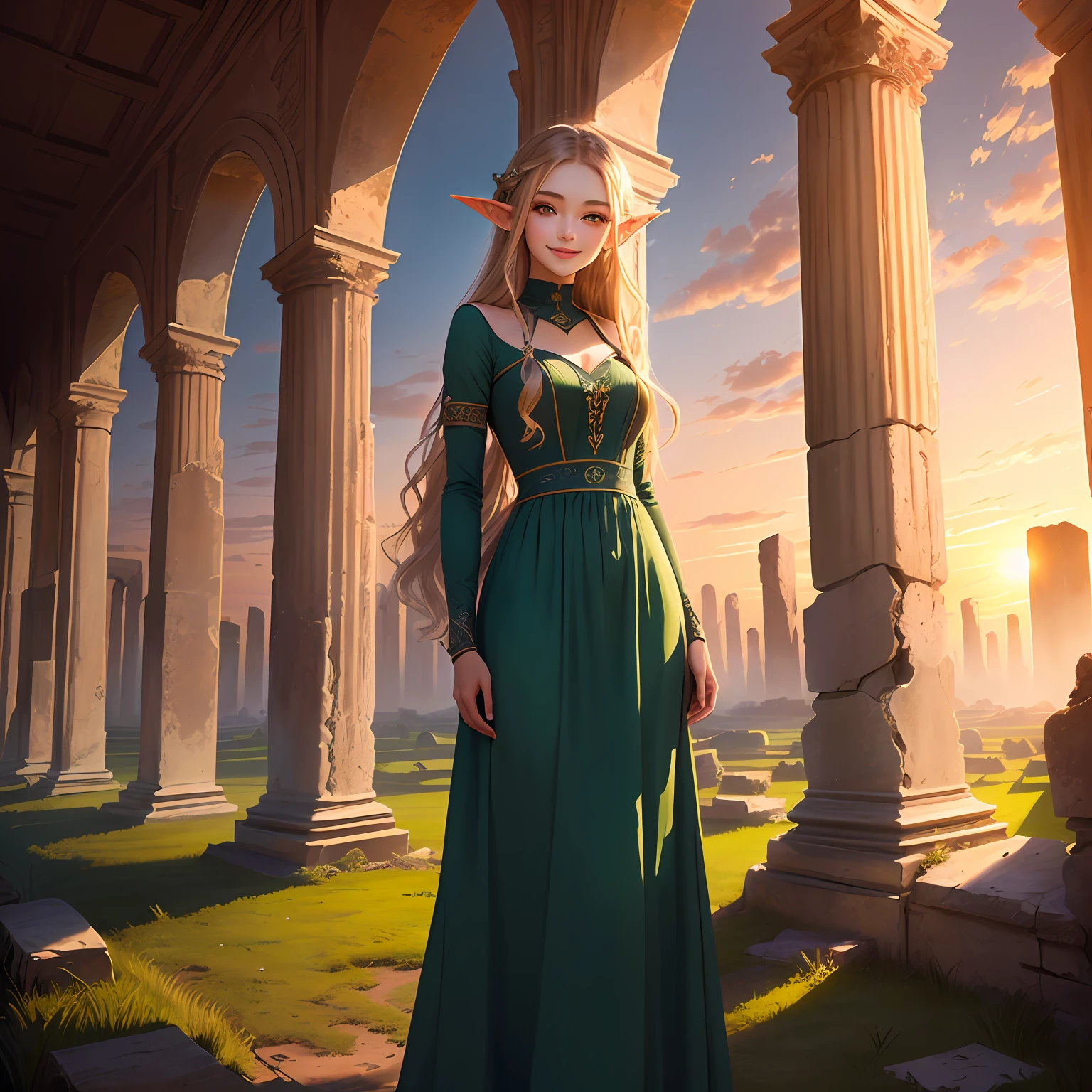 Ancient ruins,long hair girl,Green lawn,quadratic element,Long dress dress,ssmile,Dusk sunset,Brown eyes,the elf,