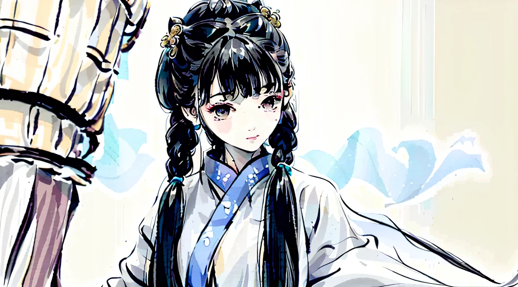 ((Masterpiece, Best quality)), 1girll, ((teens girl)), Black twist braid,dual horsetail,The long-haired, Floating hair, hair adornments, (white hanfu), ((Clothes made of feathers)), (Summer), Sunlight, (Detailed light), Chinese style architectural background,Textured skin,Super detail, A high resolution, 8K