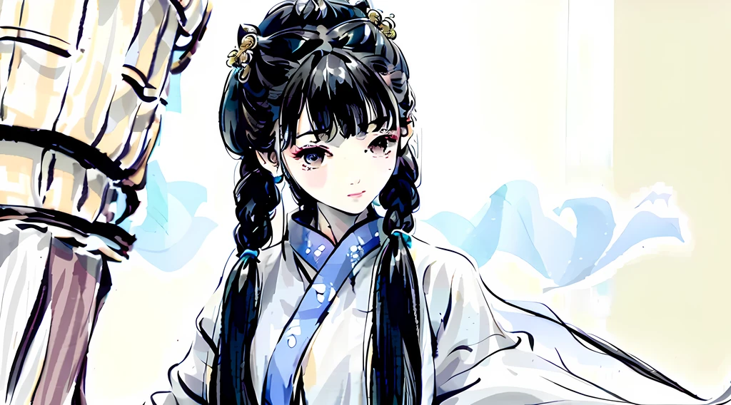 ((Masterpiece, Best quality)), 1girll, ((s girl)), Black twist braid,dual horsetail,The long-haired, Floating hair, hair adornments, (white hanfu), ((Clothes made of feathers)), (Summer), Sunlight, (Detailed light), Chinese style architectural background,Textured skin,Super detail, A high resolution, 8K