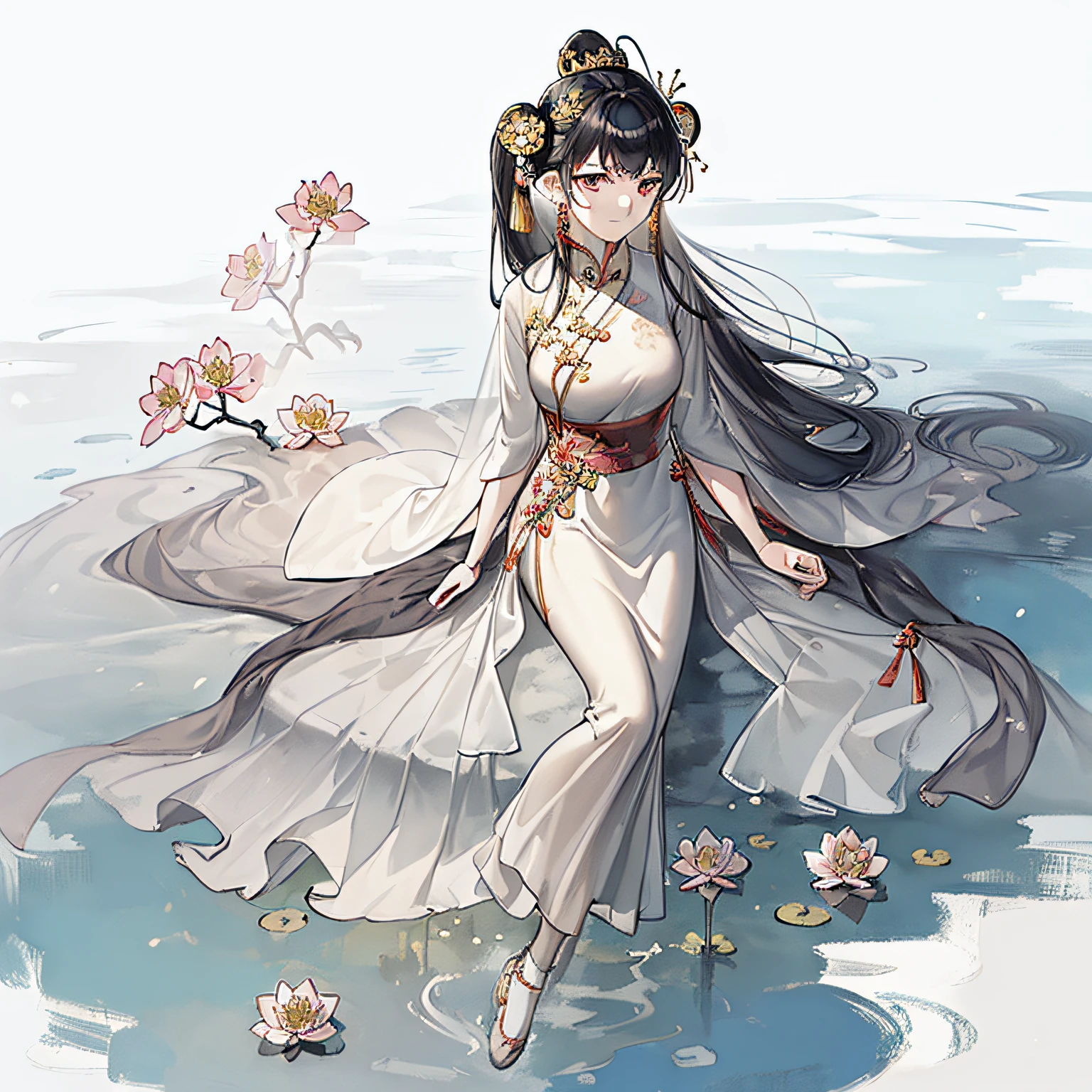 ((4k,masterpiece,best quality)), shuimobysim, Traditional chinese painting, lotuses, Hanfu, maxiskit, Dress conservatively 1girl, solo, blue long hair, ssmile, standing on your feet, Feet in the water, The barefoot,ink and watercolor painting,Light color,Low saturation