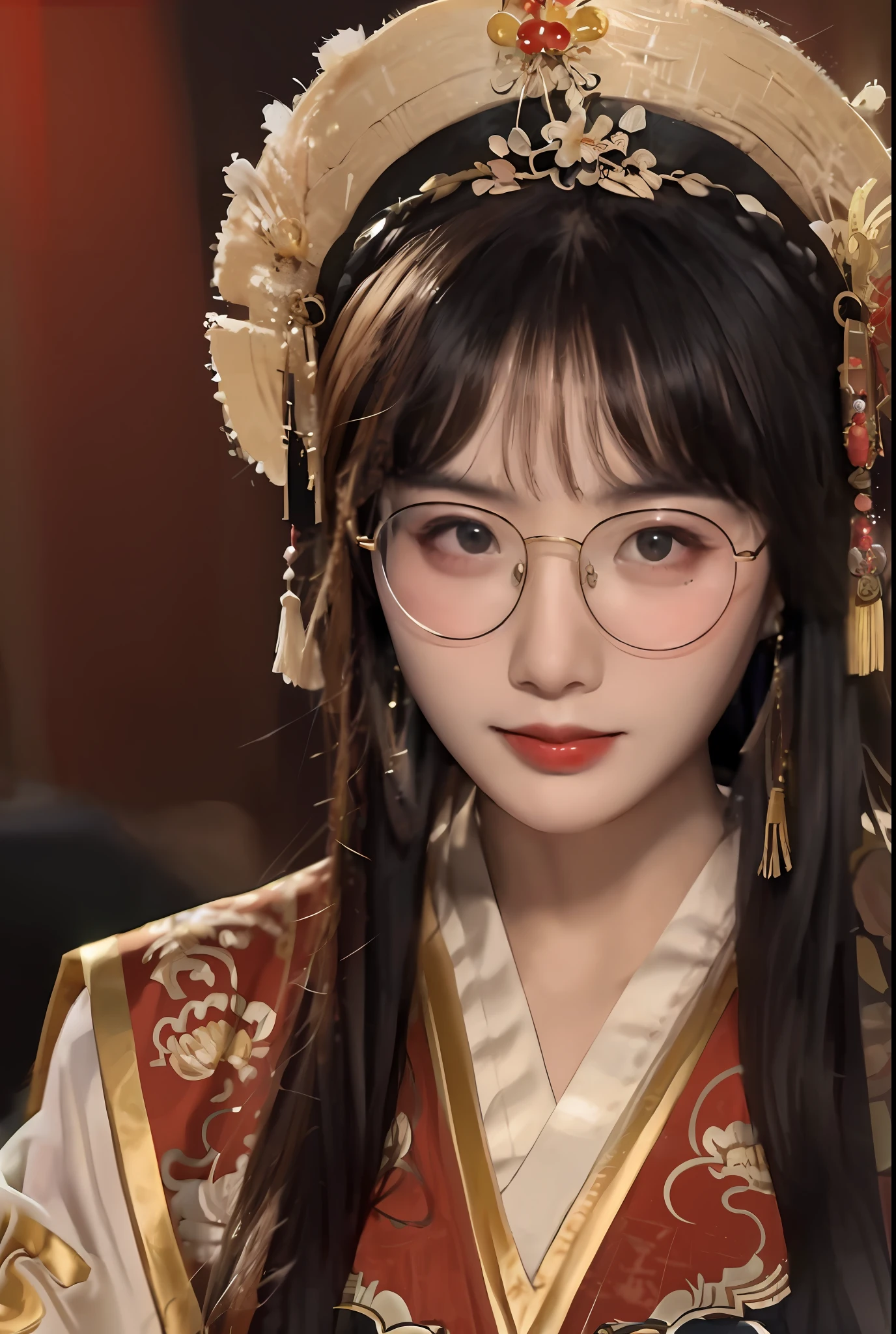 a close up of a woman wearing a headdress and glasses, palace , A girl with no clothes on,, wearing thin large round glasses, traditional chinese,,Chinese style, with ancient chinese aesthetic, With glasses, wearing small round glasses, with square glasses, with acient chinese clothes