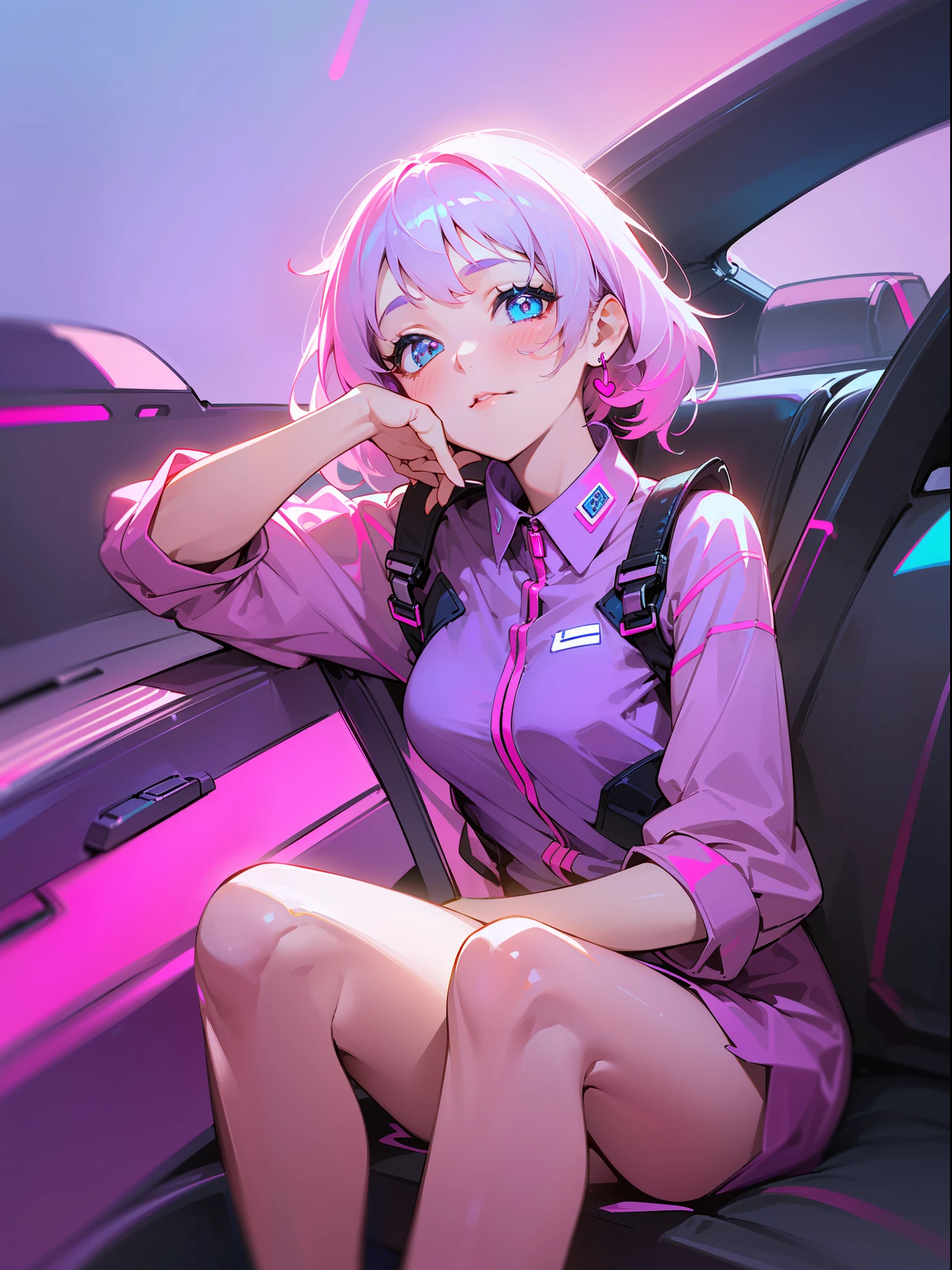 ((Full Neon)+Beautiful+Cute+(Full Body+Portrait)+(Detailed+Perfect)+(iPhone)), best quality, ultra-detailed, ultra-high resolution, cute sitting pose in a car viewing outside (cute), (1girl), (neon+pink+purple+blue:1.2), white background, beautiful face, Volumetric light, (cute pose)