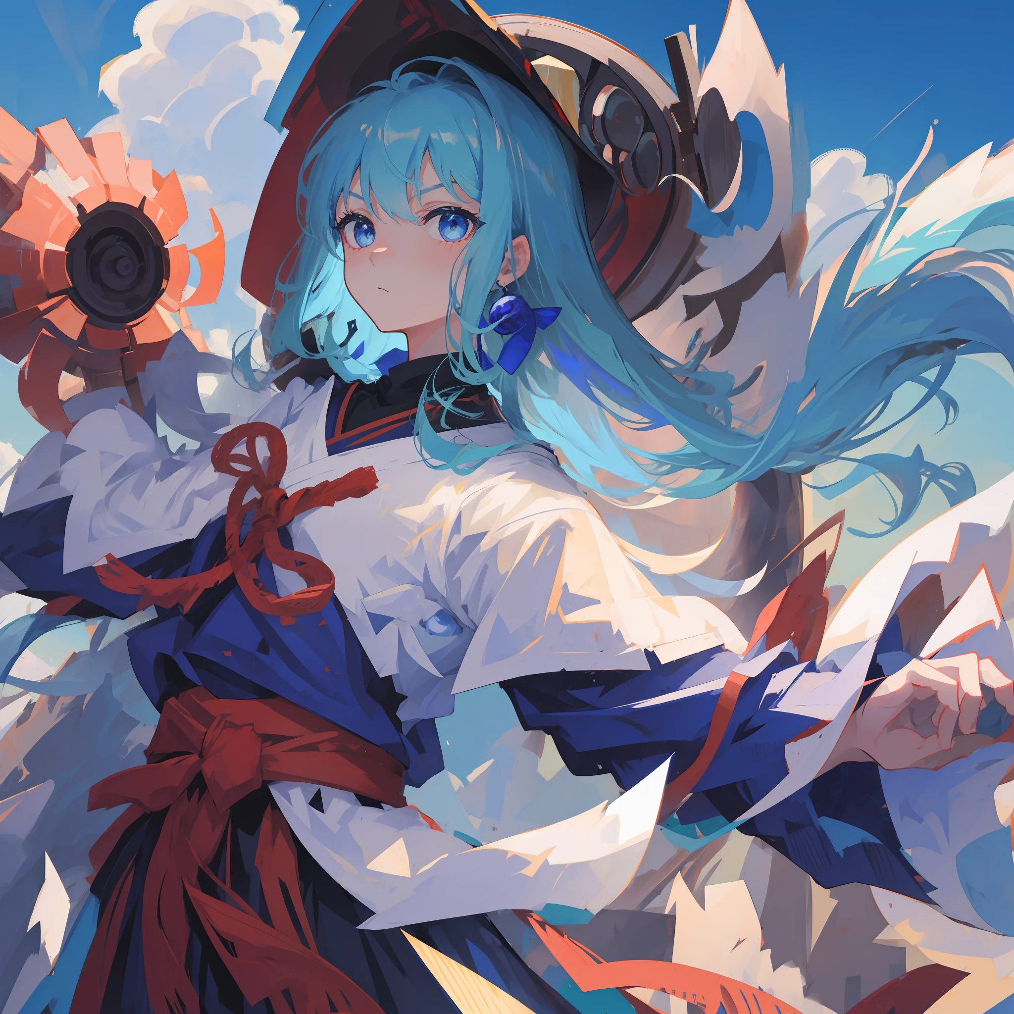 Girl, long sky blue hair, dark blue eyes, fierce expression, back to the camera, side face, katana, samurai armor