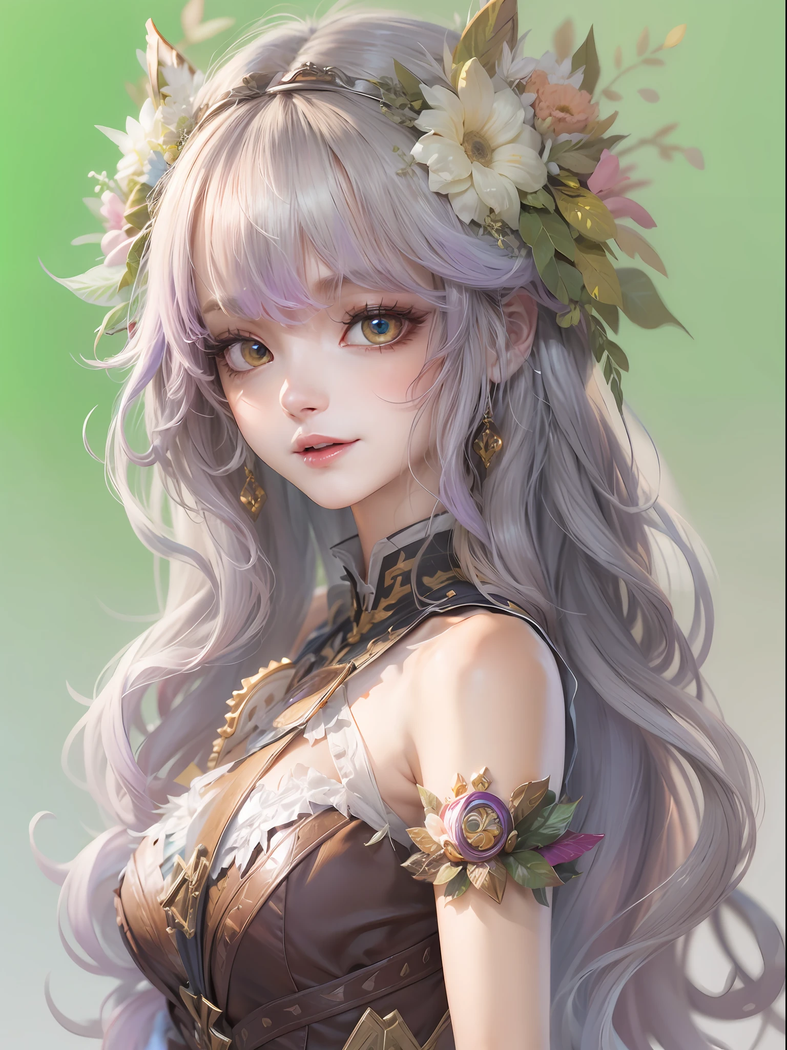 best qualtiy,8K,Best quality,(the detail:1.4), Blonde hair, hair flower, head wreath, Gradient_Eyes, long eyelasher, tsurime, wince, eyebrows behind the hair, Purple hair, Very long hair, Floating hair, Absurdly long hair, Anime, intriguing,cheerfulness,first person perspective, neo-classical, Renaissance,Epic and beautiful character art,Stunning character art,Ray traching,The costumes and facial expressions of the characters are very detailed,Displays a detailed description