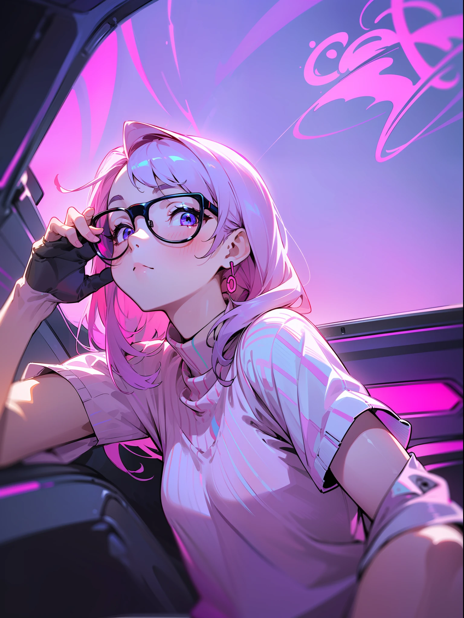 ((Full Neon)+Beautiful+Cute+(Full Body+Portrait)+(Detailed+Perfect)+(iPhone)), best quality, ultra-detailed, ultra-high resolution, cute sitting pose in a car viewing outside (cute), (1girl), (neon+pink+purple+blue:1.2), white background, beautiful face, Volumetric light, (cute pose)