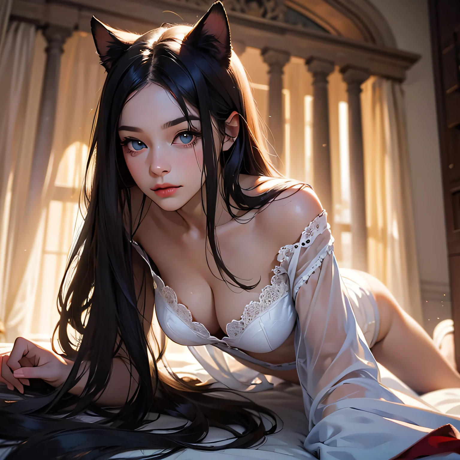 1little girl，On your stomach，White clothes，no pant，semi transparent，a cat tail，nedium breasts，Enchanting，Raised sexy，seductiv，long and flowing hair，Beautiful and detailed eye description，full bodyesbian，tmasterpiece，meticuloso，the detail，4k --auto