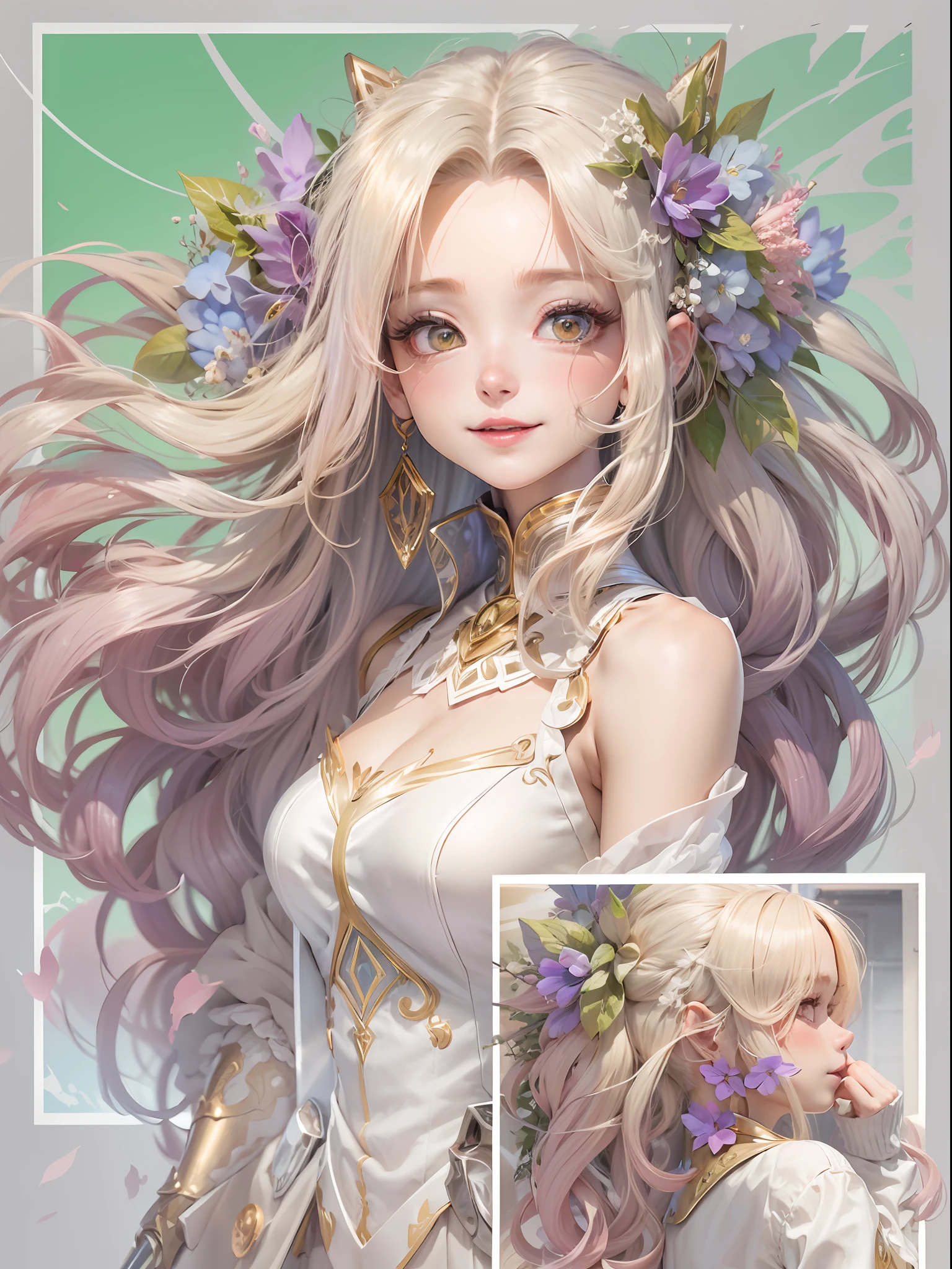 best qualtiy，8K，Best quality，(the detail:1.4), Blonde hair, hair flower, head wreath, Gradient_Eyes, long eyelasher, tsurime, wince, eyebrows behind the hair, Purple hair, Very long hair, Floating hair, Absurdly long hair, Anime, intriguing，cheerfulness，first person perspective, neo-classical, Renaissance,Epic and beautiful character art，Stunning character art，Ray traching,The costumes and facial expressions of the characters are very detailed，Displays a detailed description