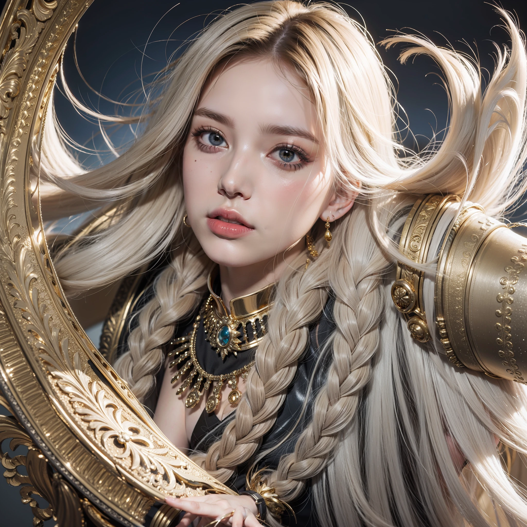 Manteau blanc，White-skinned，whaite hair，long braid，Gold eyes，Look up，Need，tmasterpiece