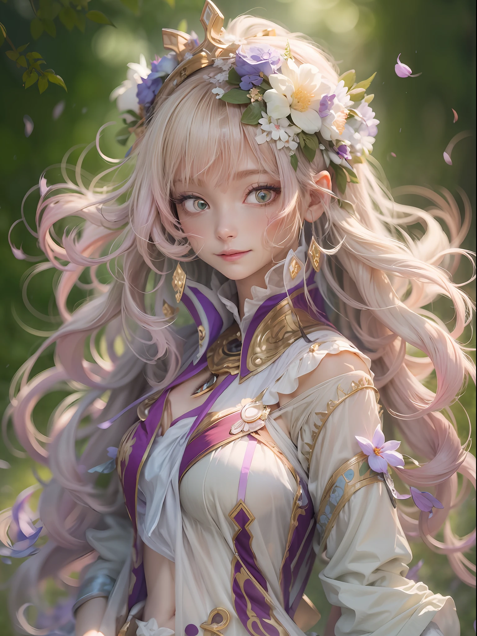 best qualtiy，8K，Best quality，(the detail:1.4), Blonde hair, hair flower, head wreath, Gradient_Eyes, long eyelasher, tsurime, wince, eyebrows behind the hair, Purple hair, Very long hair, Floating hair, Absurdly long hair, Anime, intriguing，cheerfulness，first person perspective, neo-classical, Renaissance,Epic and beautiful character art，Stunning character art，Ray traching,The costumes and facial expressions of the characters are very detailed，Displays a detailed description