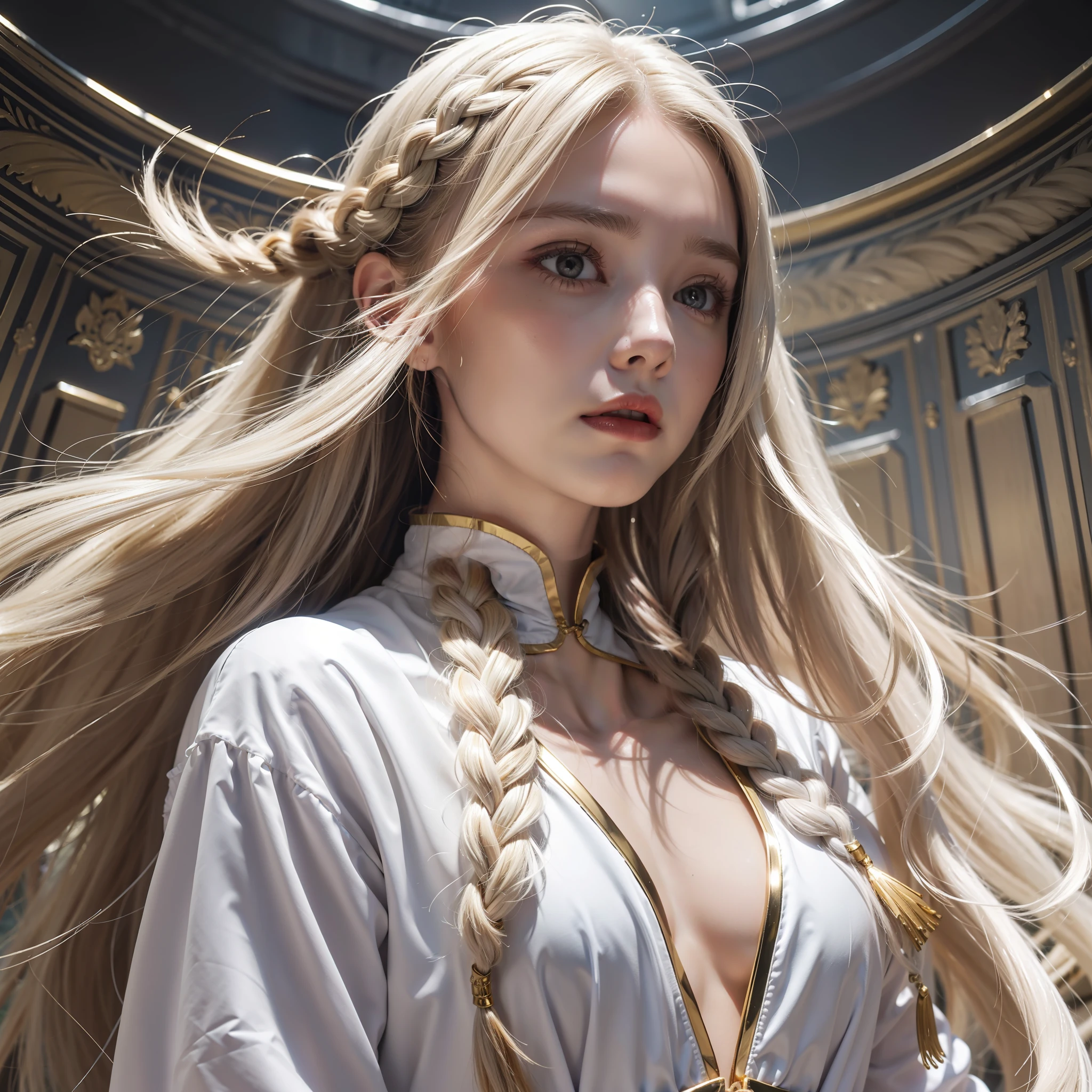 Manteau blanc,White-skinned,whaite hair,long braid,Gold eyes,Look up,Need,tmasterpiece