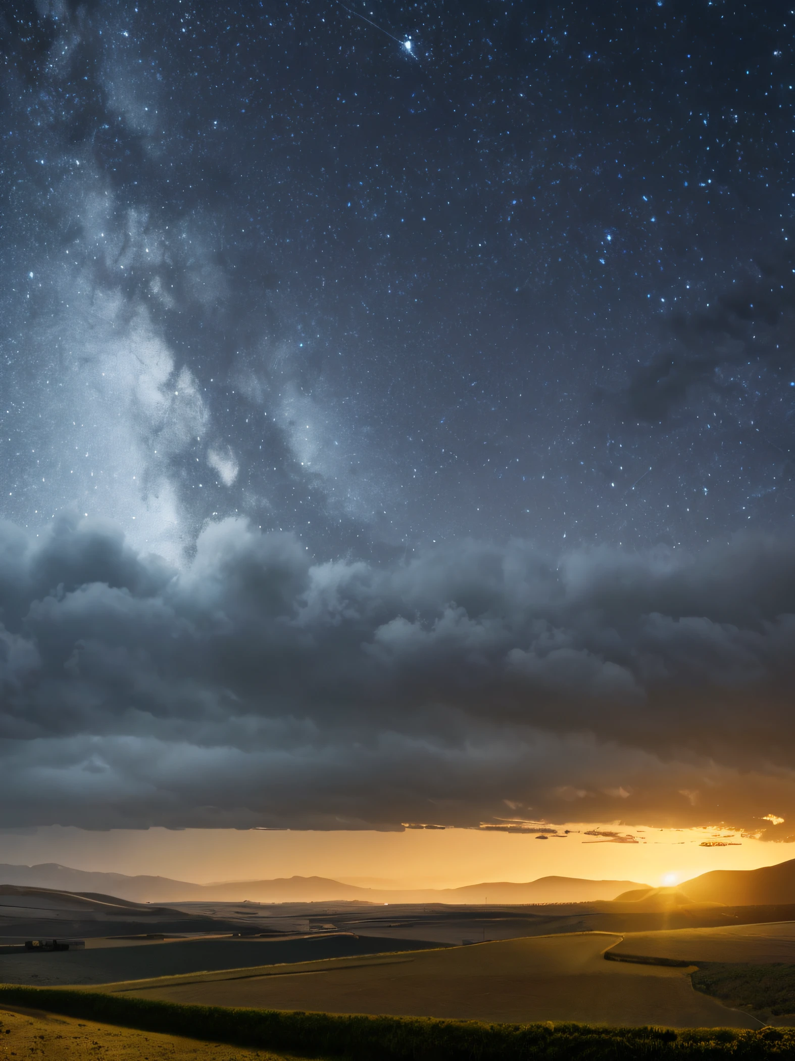 View of Alafid on the gravel road leading to a farm in the distance,  at night with full moon,scenic view at night,  nighttime nature landscape, Moody night view, Stormy weather at night, during night, nighttime scene, Beautiful dark landscape, grass mountain night landscape, At night，under moonlight, extremely gloomy lighting, ominous beautiful mood, Cloudy night