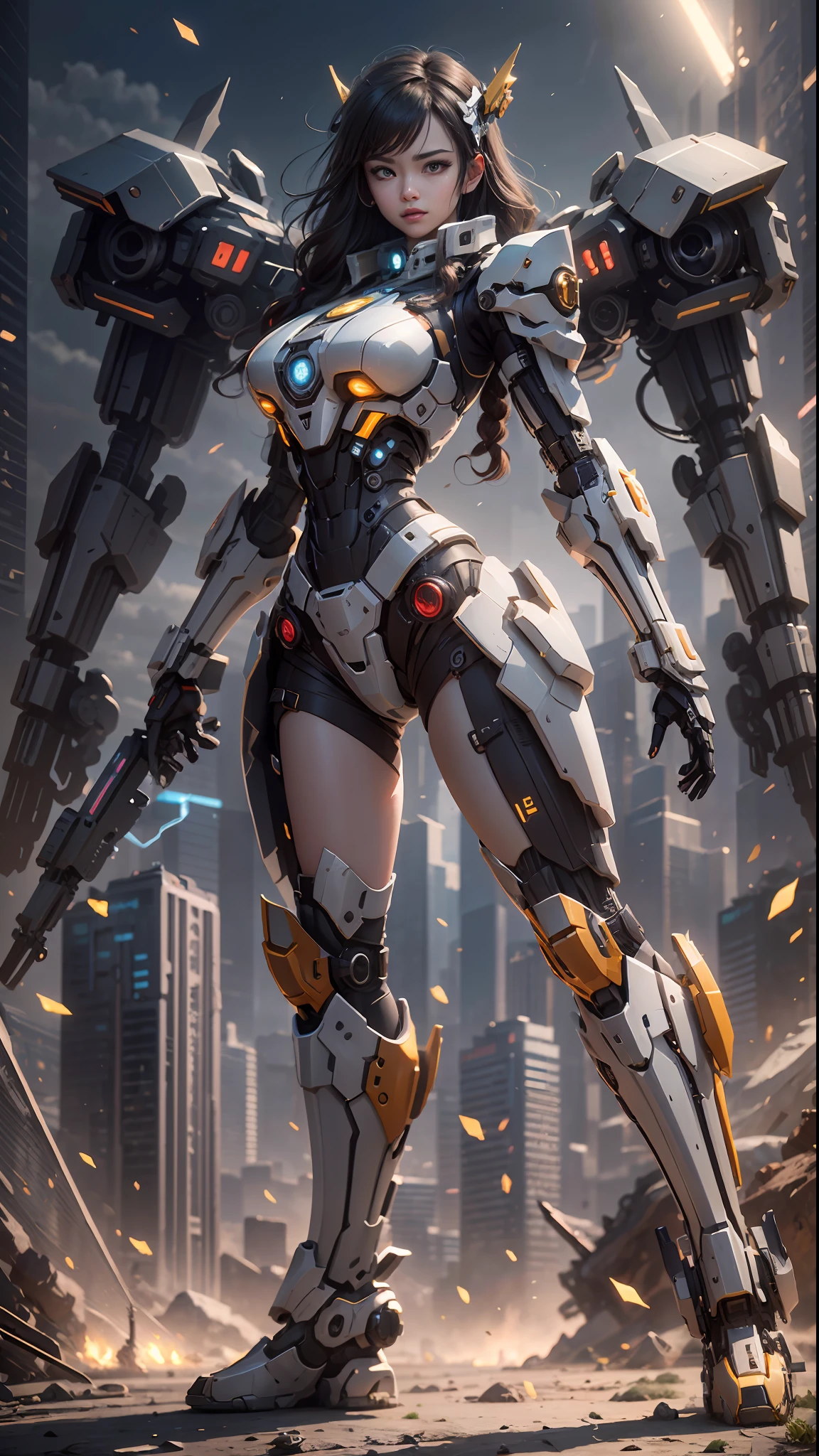 ((Best Quality)), ((Masterpiece)), (Very Detailed: 1.3), 3D, Icaru valkirie-mecha, Beautiful cyberpunk woman using crown, sci-fi technology, HDR (High Dynamic Range), ray tracing, nvidia RTX, super resolution, unreal 5, subsurface scattering, PBR texture, post-processing, anisotropic filtering, depth of field, maximum sharpness and sharpness, multi-layer texture, specular and albedo mapping, surface shading, accurate simulation of light-material interactions, perfect proportions, octane rendering, duotone lighting, low ISO, white balance, rule of thirds, wide aperture, 8K RAW, high efficiency subpixels, subpixel convolution, light particles, light scattering, Tyndall effect, very sexy, full body, battle pose, black hair with braids,