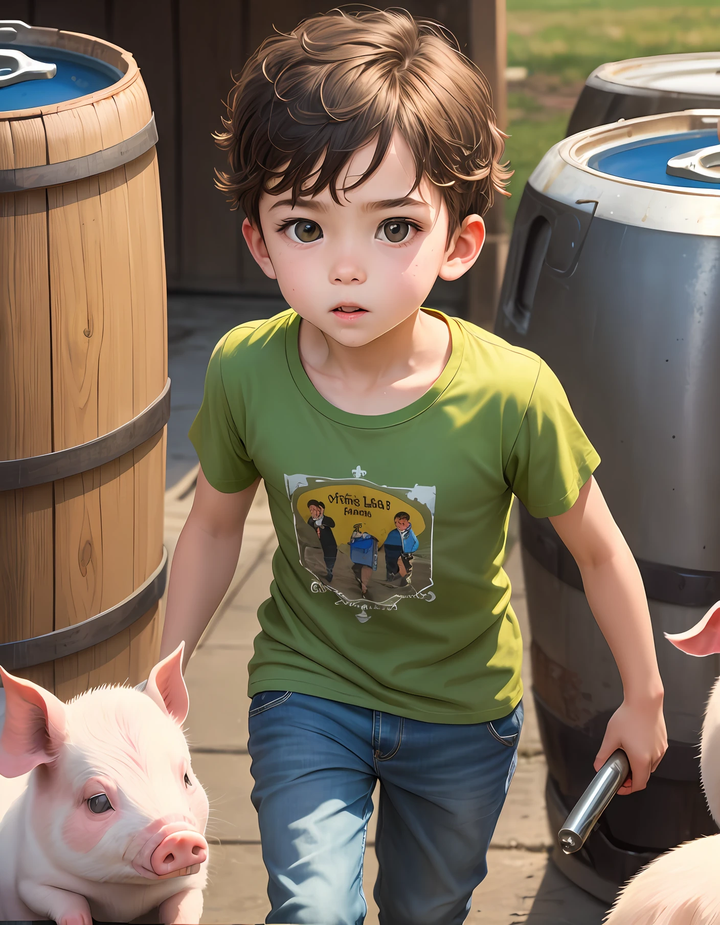 A little boy wears a yellow T-shirt，Carrying a keg，Go to the pen to feed the pigs