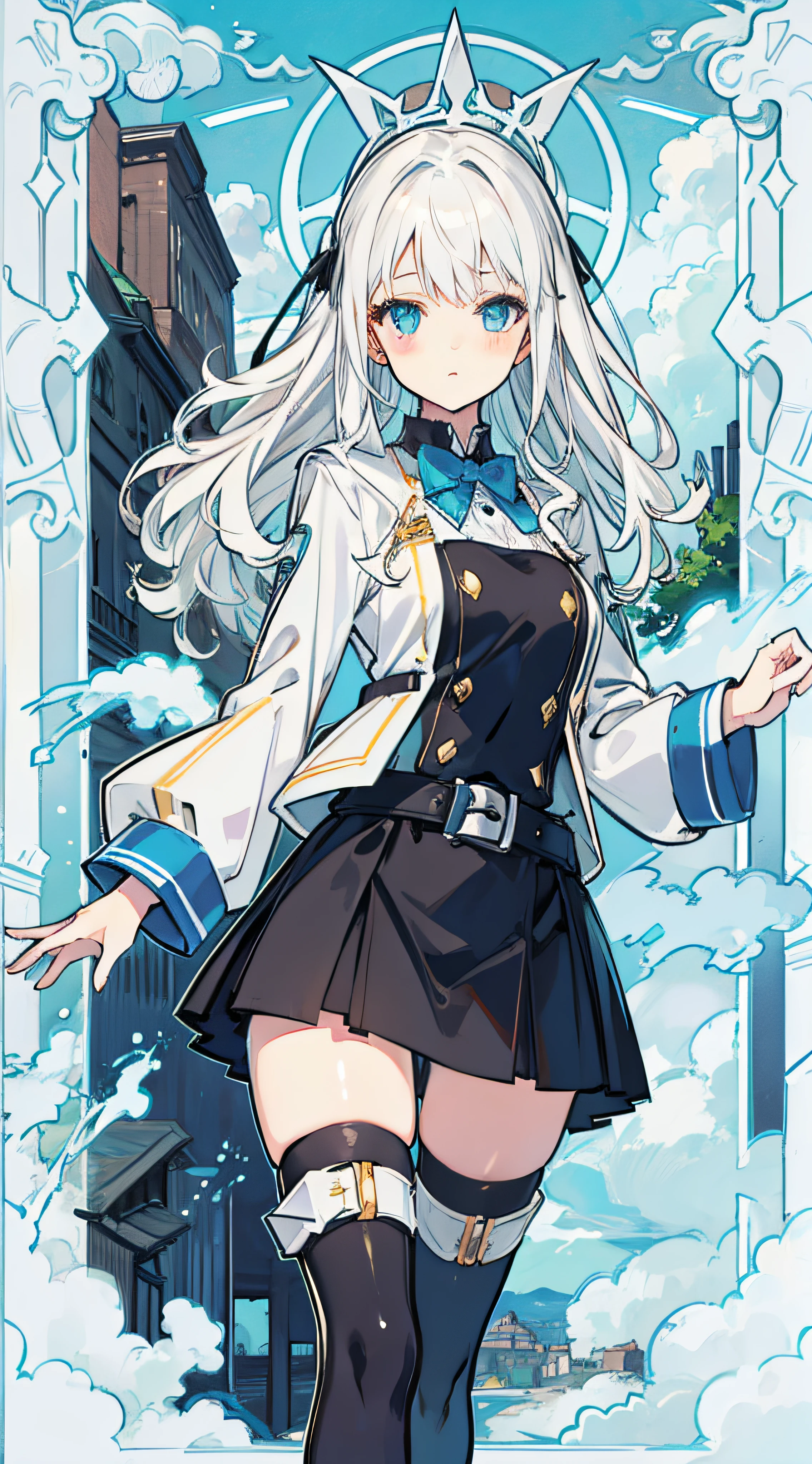 1Girl, Black stockings, White-haired, Wavy hair, Blue skies, Erotic, thighlet, daoshi, building