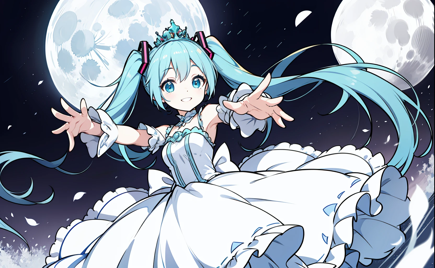 miku hatsune、PastelColors、princess dress、((Reaching out))、Smiling、Hair swaying in the wind、low angles、Moon Night